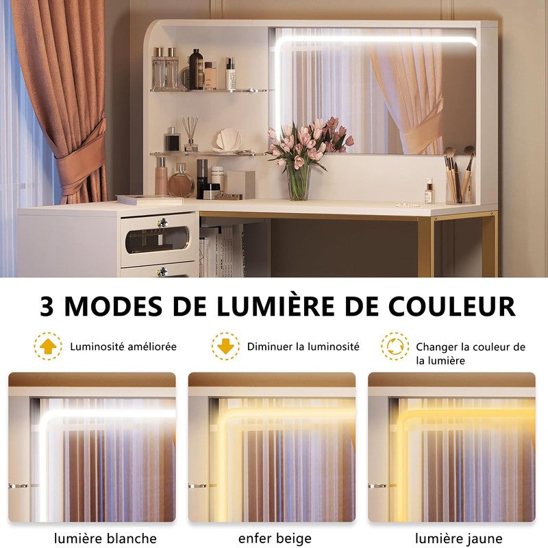 Coiffeuse d'angle - Coiffeuse moderne - 120x80x135 cm - Miroir LED 3 tons - 5 tiroirs transparents - 3 etagères - Meuble de rangement - Blanc - 7