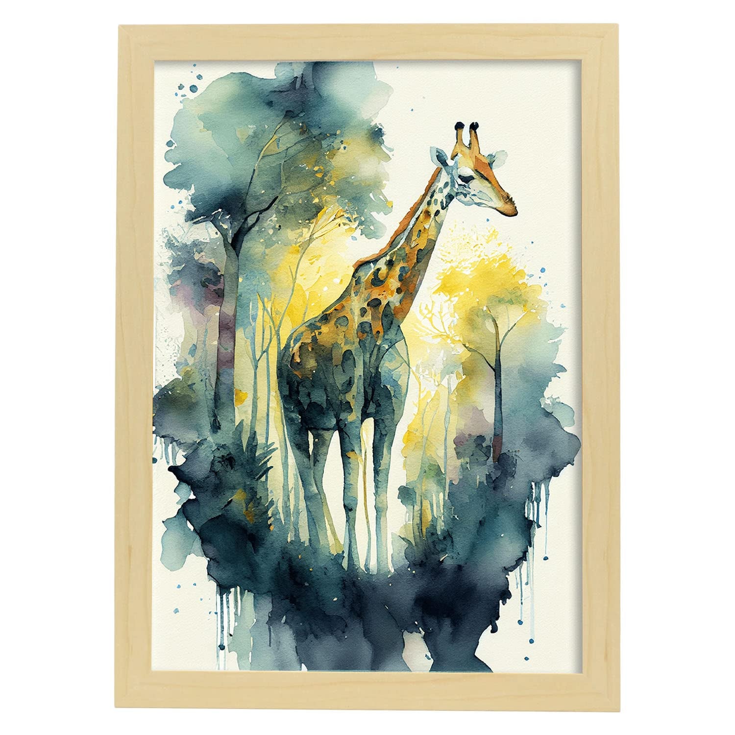 Nacnic poster de jirafa en estilo acuarela ilustraciones a todo color de animales salvajes en la naturaleza y a3 con marco de madera clara