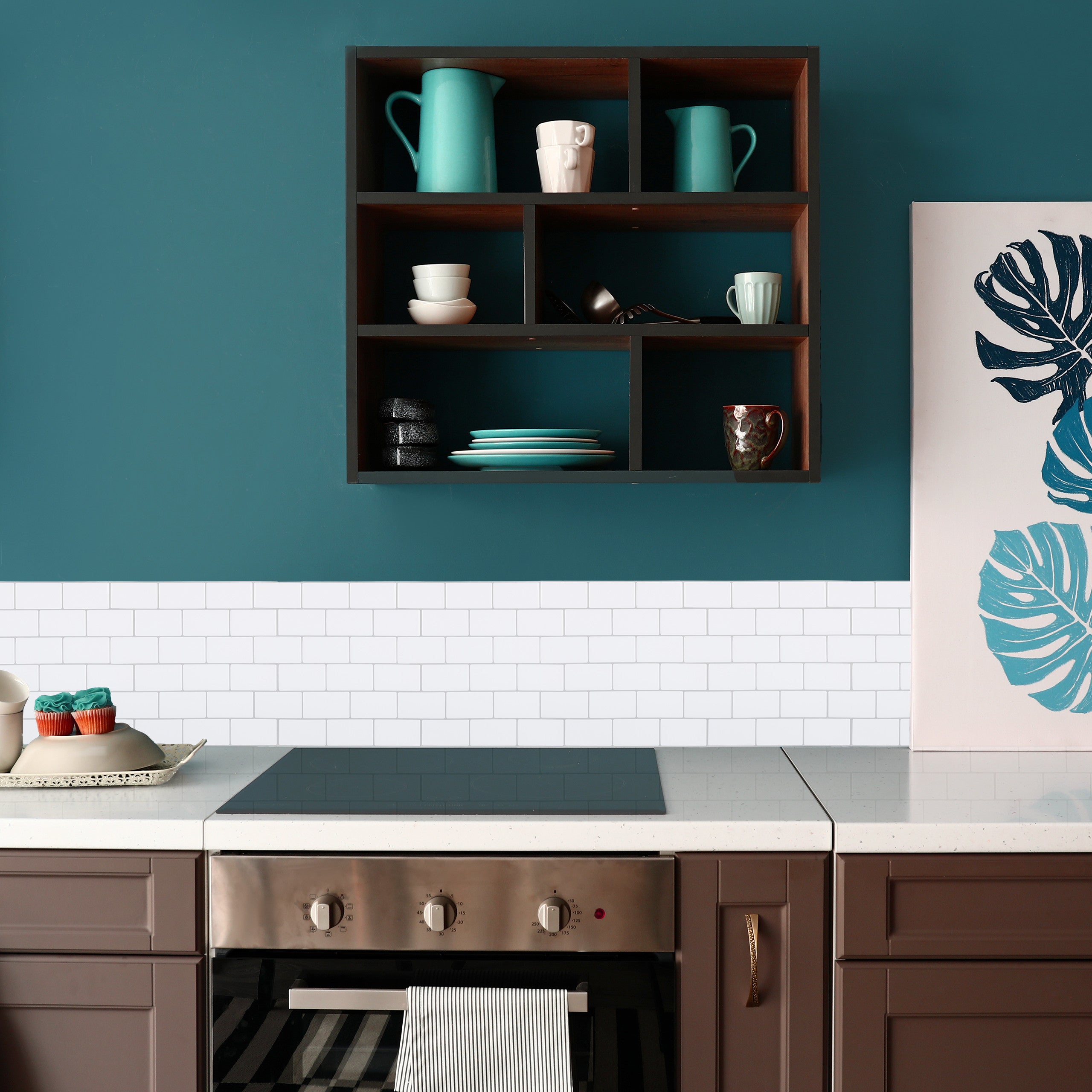 Set da 10 Piastrelle Autoadesive, per Bagno e Cucina, HL 30,5x30,5cm, Effetto Subway, Impermeabili, Bianco, Relaxdays - 2