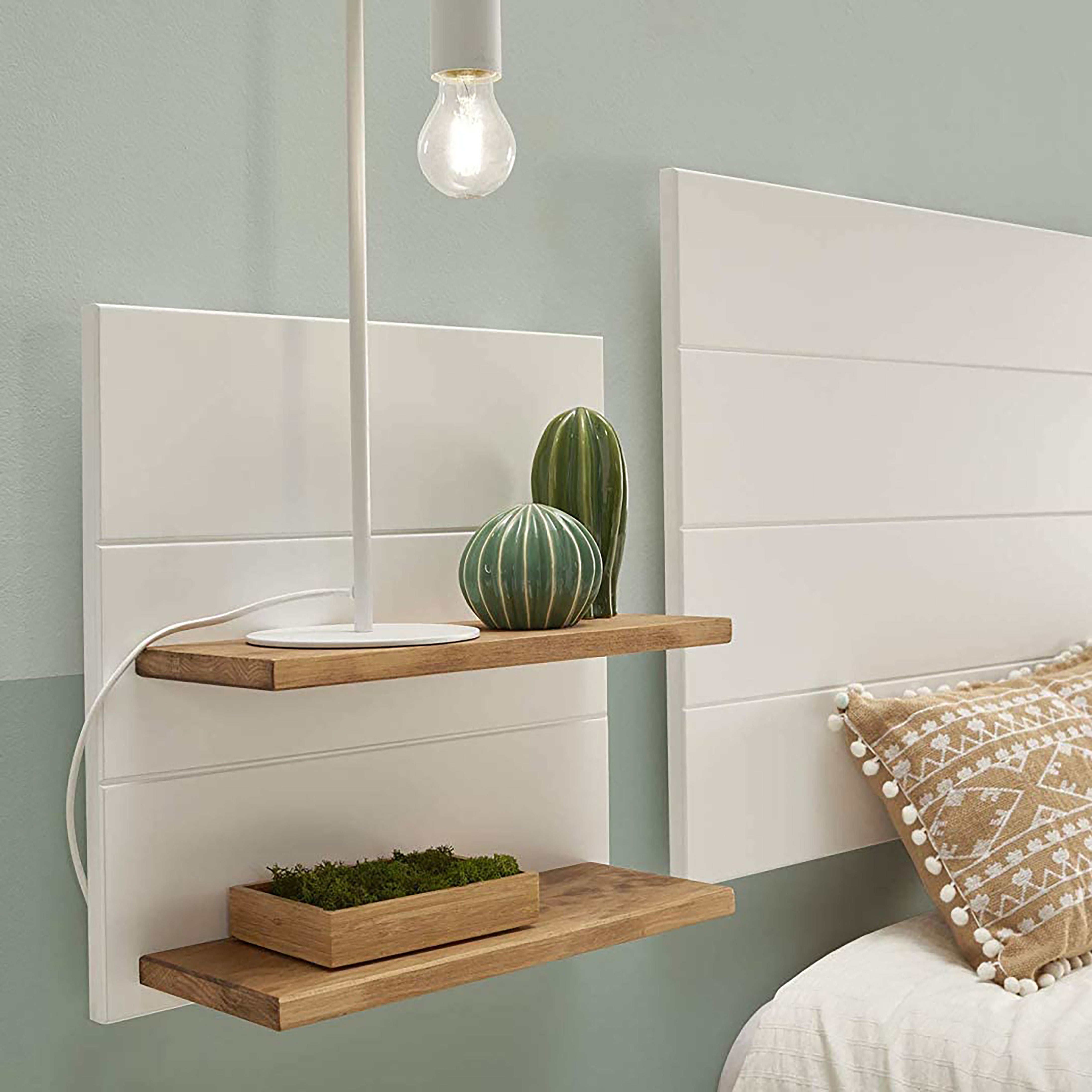 Cabecero 150cm madera blanca y 2 mesitas estantes encerado y blanco - 3