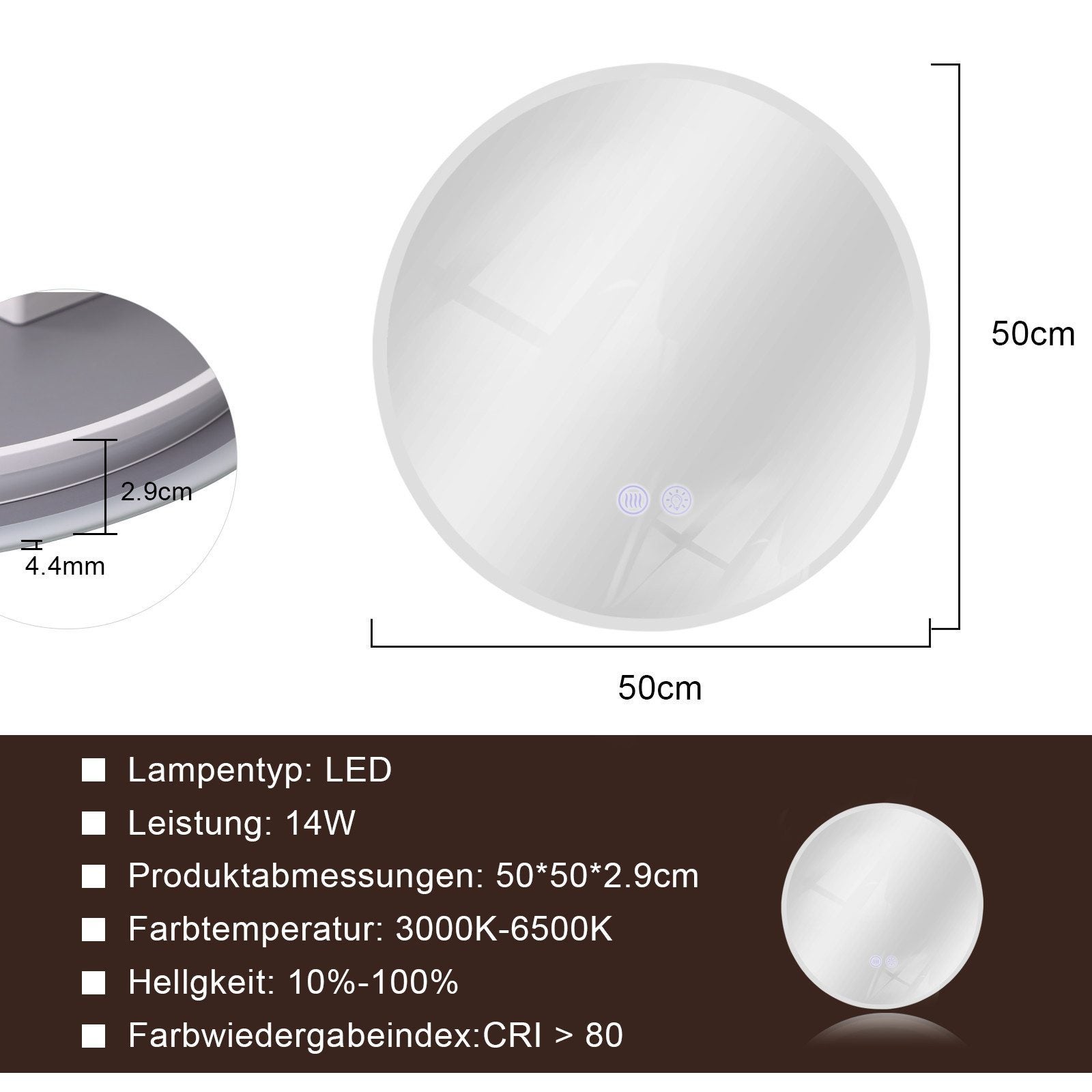 Miroir lumineux rond mural LED 50 cm IP44 tactile lumière dimmable et ...