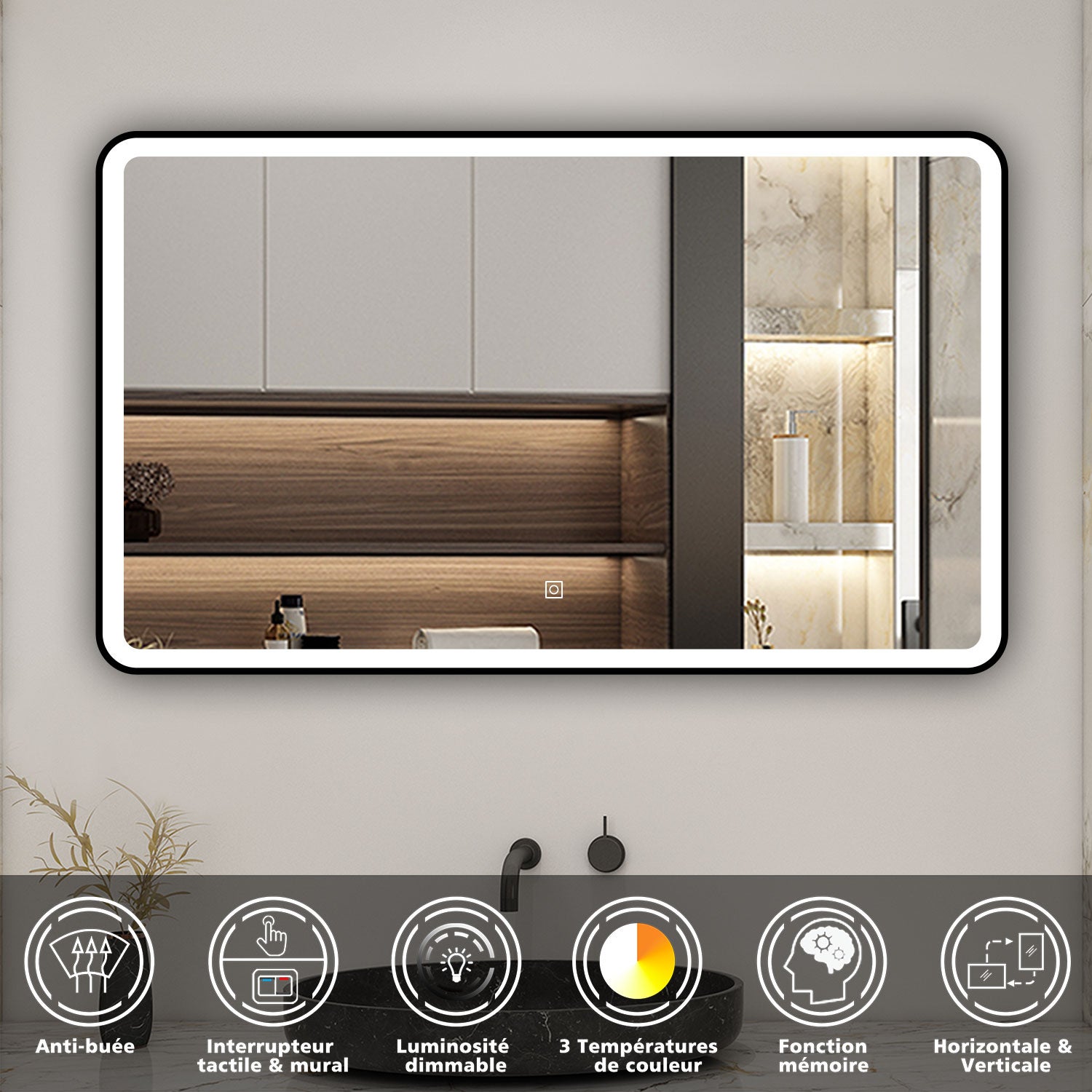 AICA Miroir lumineux 100x60cm 3 couleurs + anti-buée + dimmable + mémoire miroir salle de bain - 2