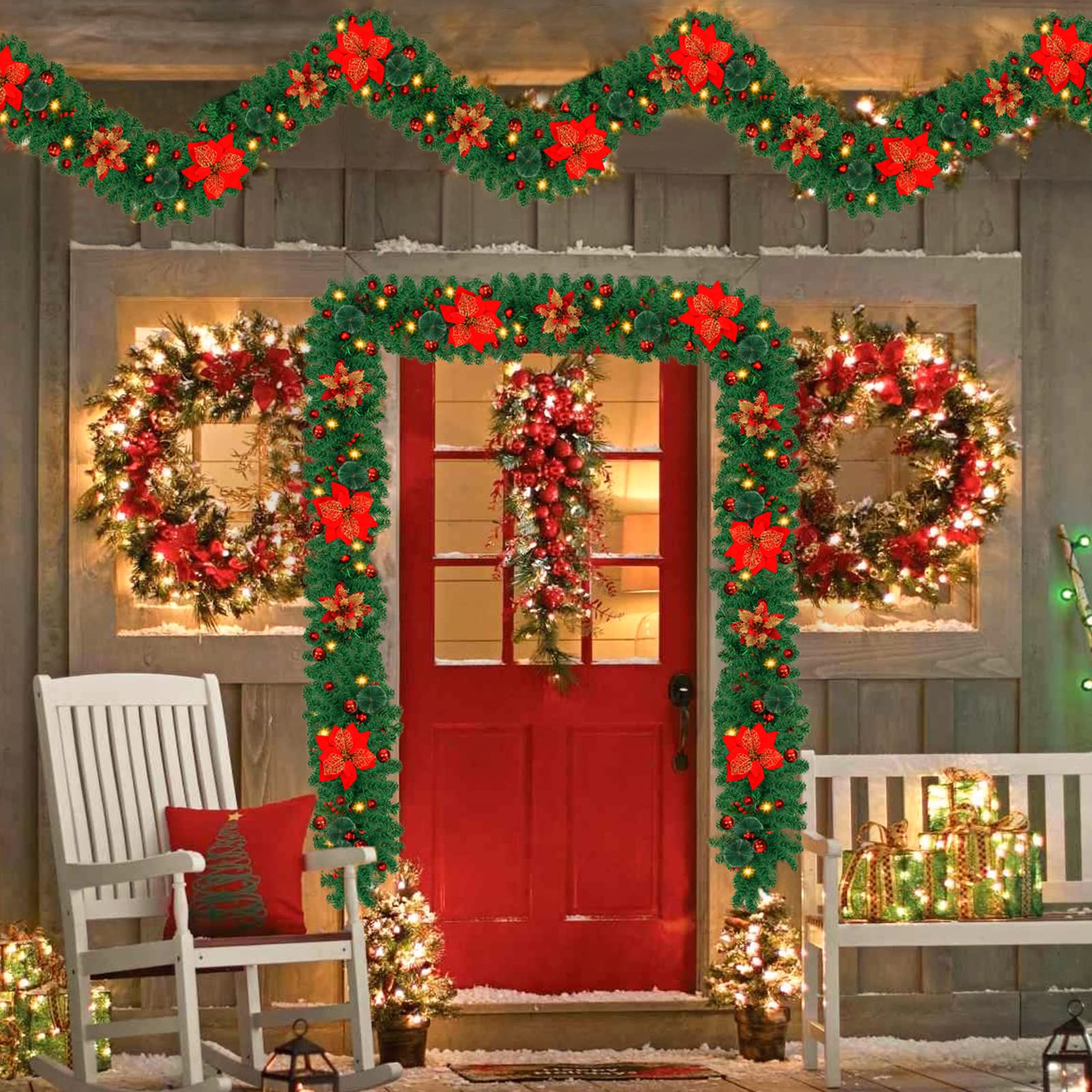 Guirlande de Noël de 270 cm avec lumières LED, décoration de Noël, couronne de Noël artificielle illuminée avec fleurs, décorations pour sapin de Noël - 2
