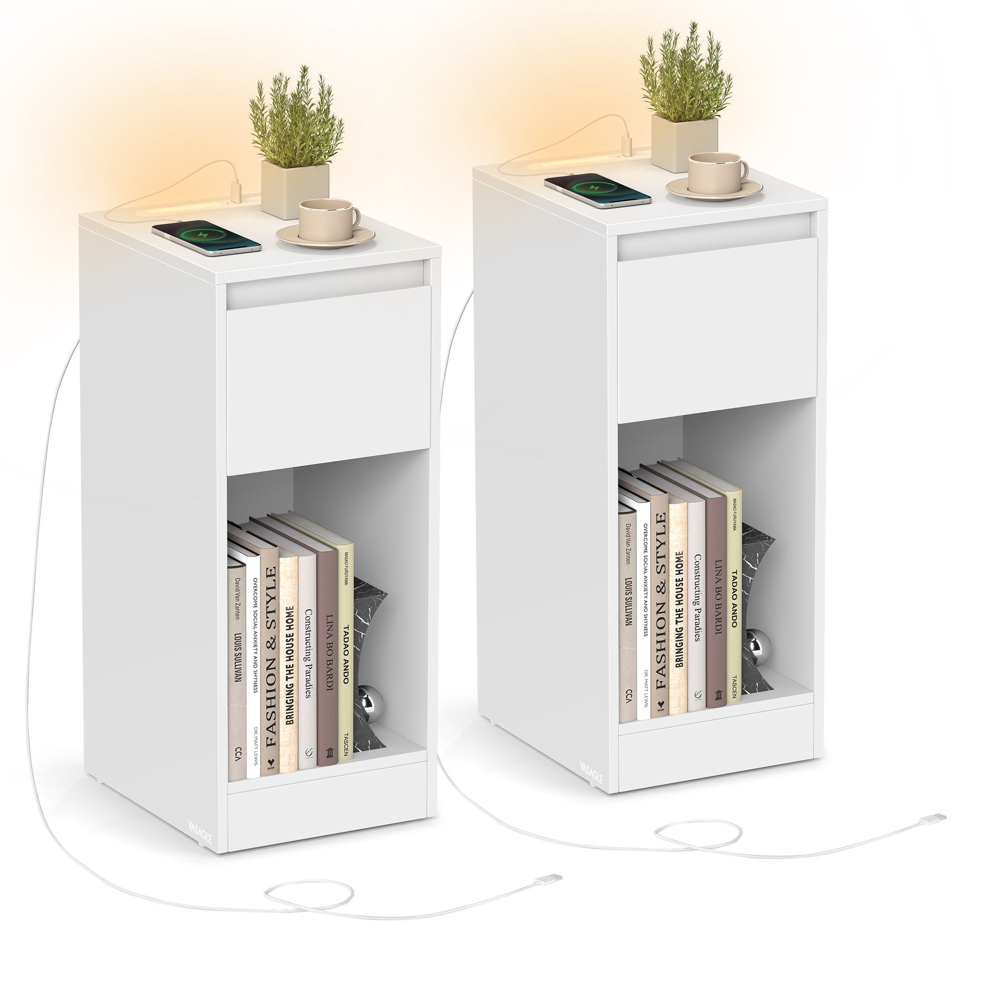 Lot de 2, Table de Chevet Étroite, Table d’Appoint, avec Éclairage LED, 1 Port USB-A, 1 Port USB-C, Tiroirs et Compartiments Ouverts, Blanc Nuage - 6