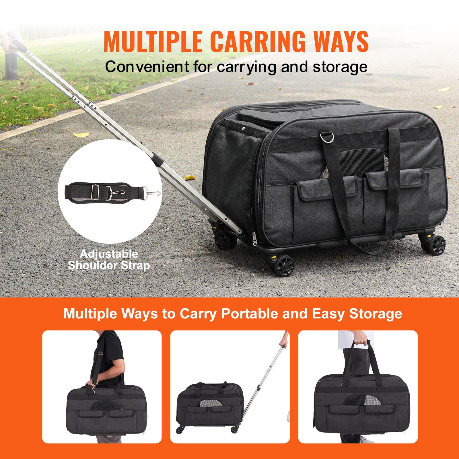 Sac de transport pour chat SucceBuy à roulettes avec poignée télescopique, bandoulière, bol pliable inclus, pour chien jusqu’à 16 kg, noir - 7