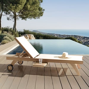 Lettino Da Esterno In Vero Teak Naturale RSPL – Reclinabile Con Ruote, Per Piscina E Giardino, Alta Qualità (cuscinone Non Incluso)
