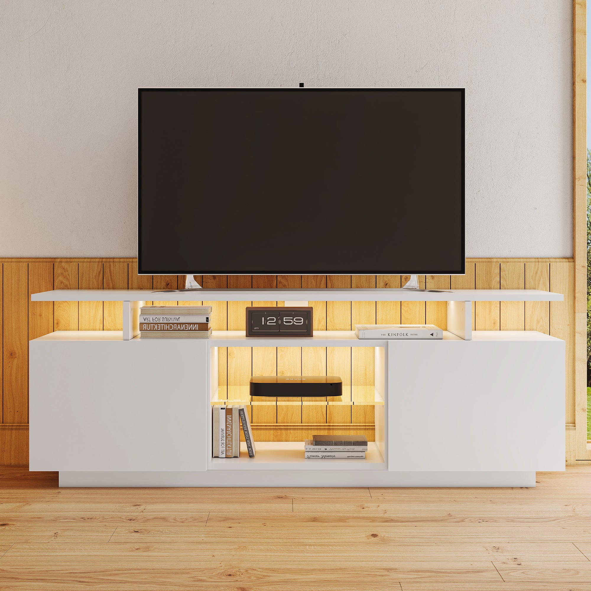 Nowoczesny stojak pod TV 140cm z diodami LED do telewizora 60" - 2 drzwi i 2 szklane przegrody - biały