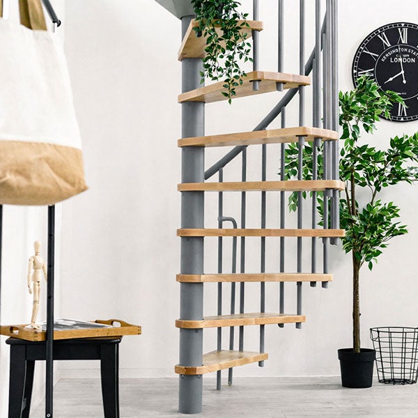 Escalier colimaçon 12 marches - Hauteur à franchir 2.28 à 2.82m - Diamètre 120cm - Structure grise et marche hêtre - BERL120-GH-12 - 3