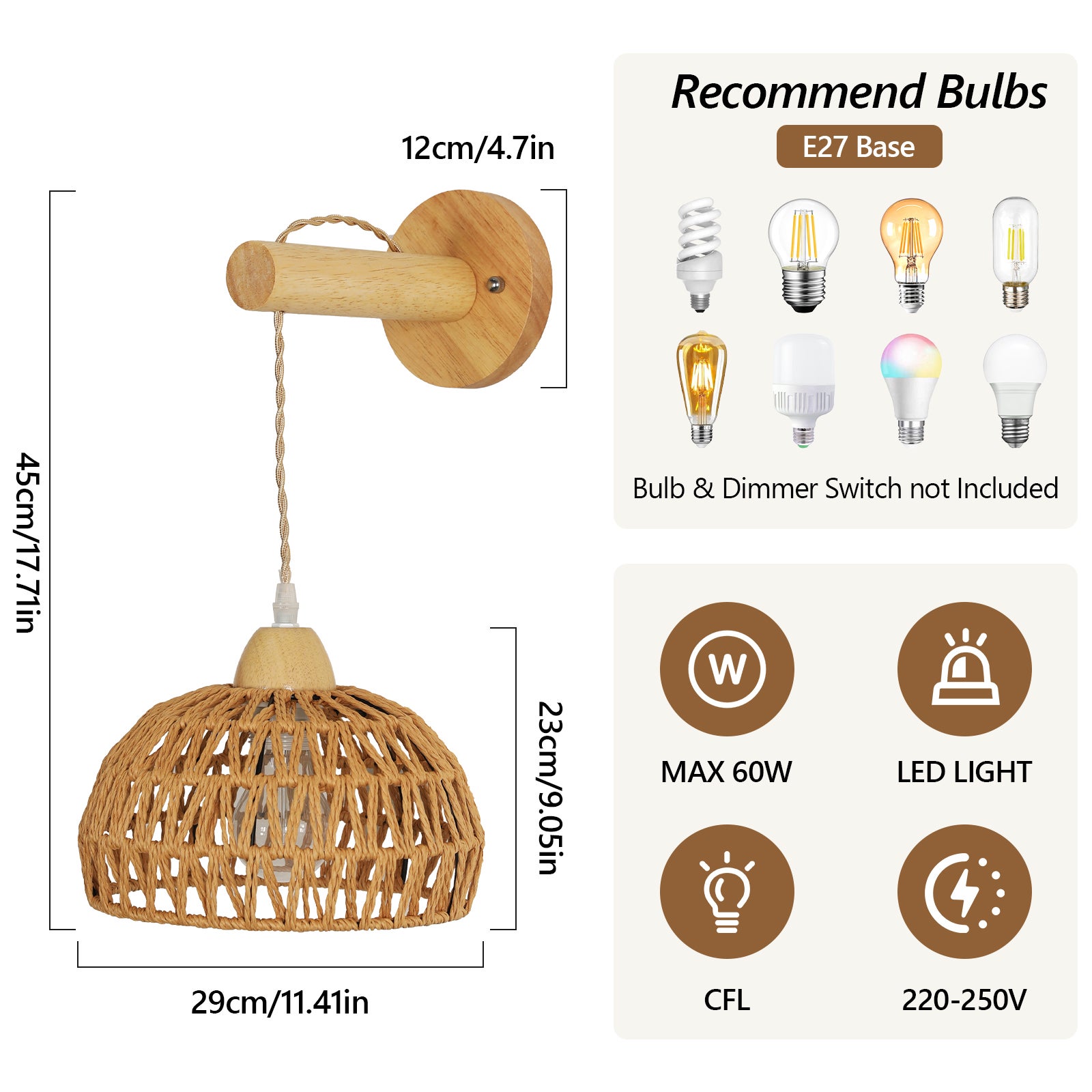 COMELY Applique Murale Rotin et Bois Design Naturel Douille E27 Luminaire Décoratif Intérieur - 2