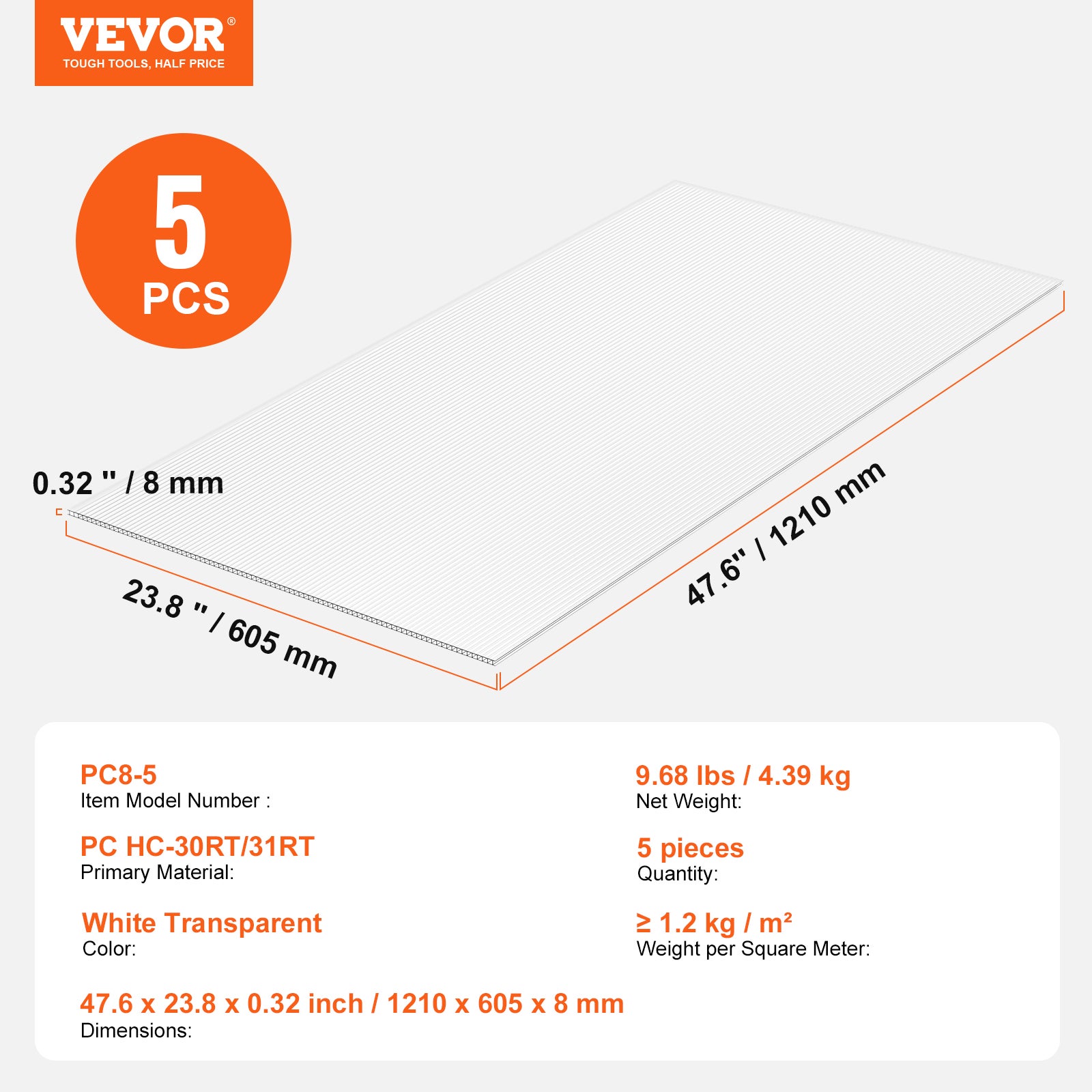 VEVOR Plaque Polycarbonate 1210x605x8 mm, Panneaux Toit Feuilles, Lot 5, Toiture Plastique Ondulé Imperméable, Protection UV, Résistant Chocs - 7