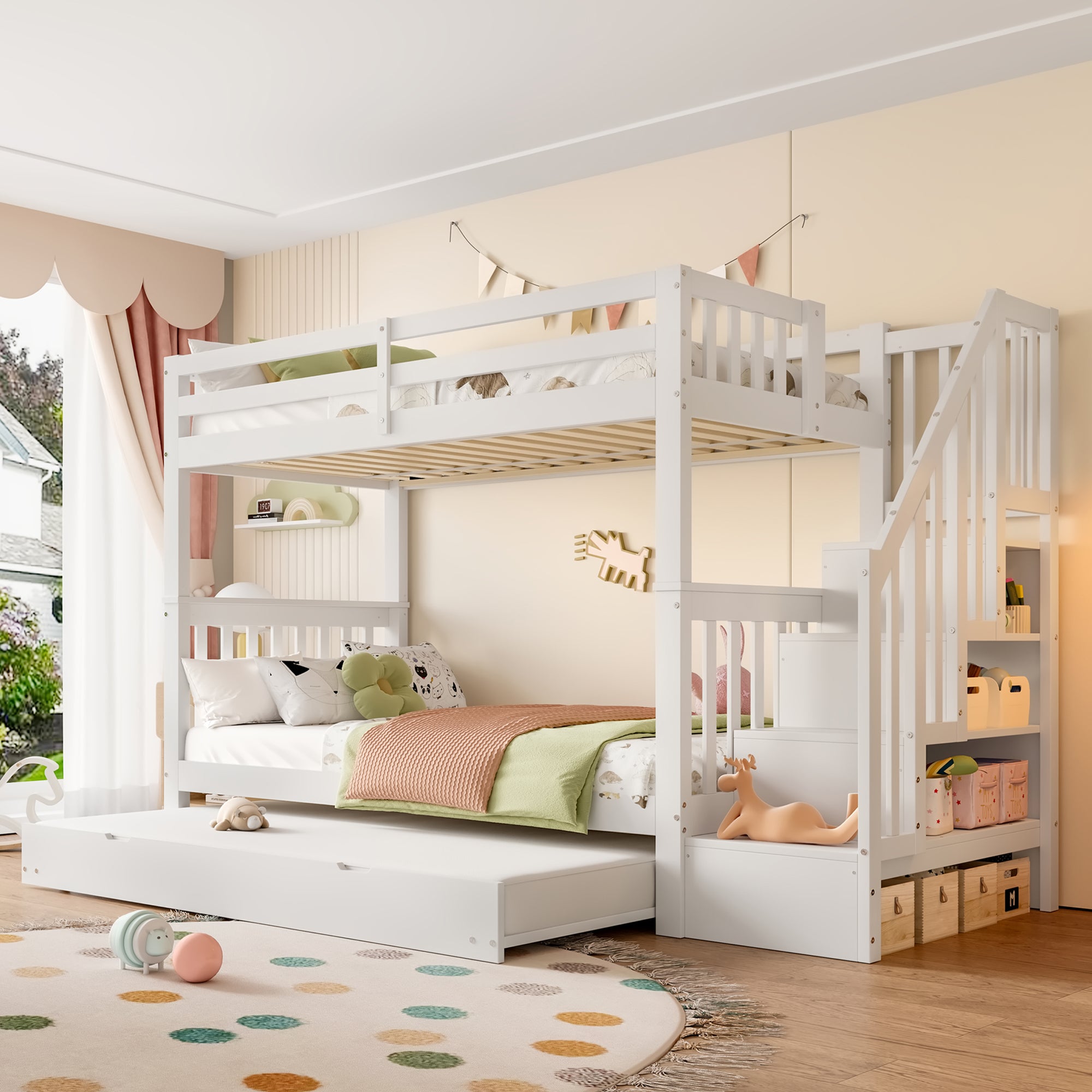 Lit superposé 90 x 200 cm avec étagère en escalier, équipé d'un lit à roulettes rétractables, barrières de sécurité hautes, blanc - 3