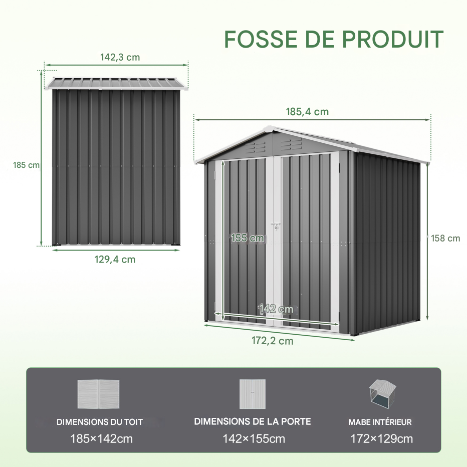 Abri de jardin en métal, dimensions142x185cm,avec trous de ventilation,comprenant une base en métal et une porte verrouillable. Gris - 3