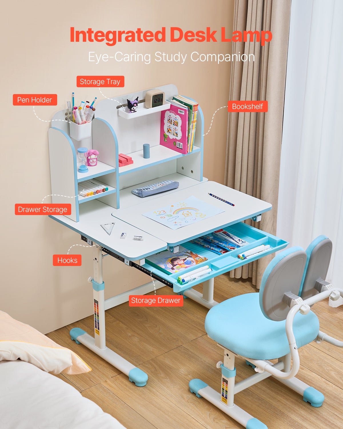 Ensemble Bureau Enfant VEVOR avec Chaise Réglable en Hauteur, Tiroir et Bureau Inclinable 0-40°, Chambre Bleue - 5