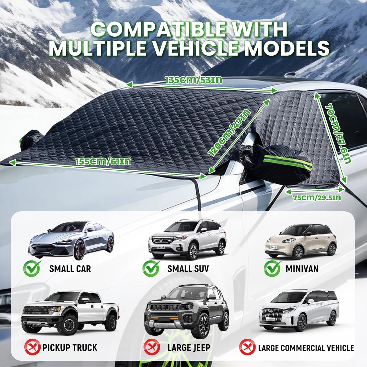 Anti-gel Anti-UV Couverture Pare-brise Voiture Mture - 183x102cm - Protection Gel, Soleil, Poussière - 4 Saisons Bâche Pare-brise Universelle