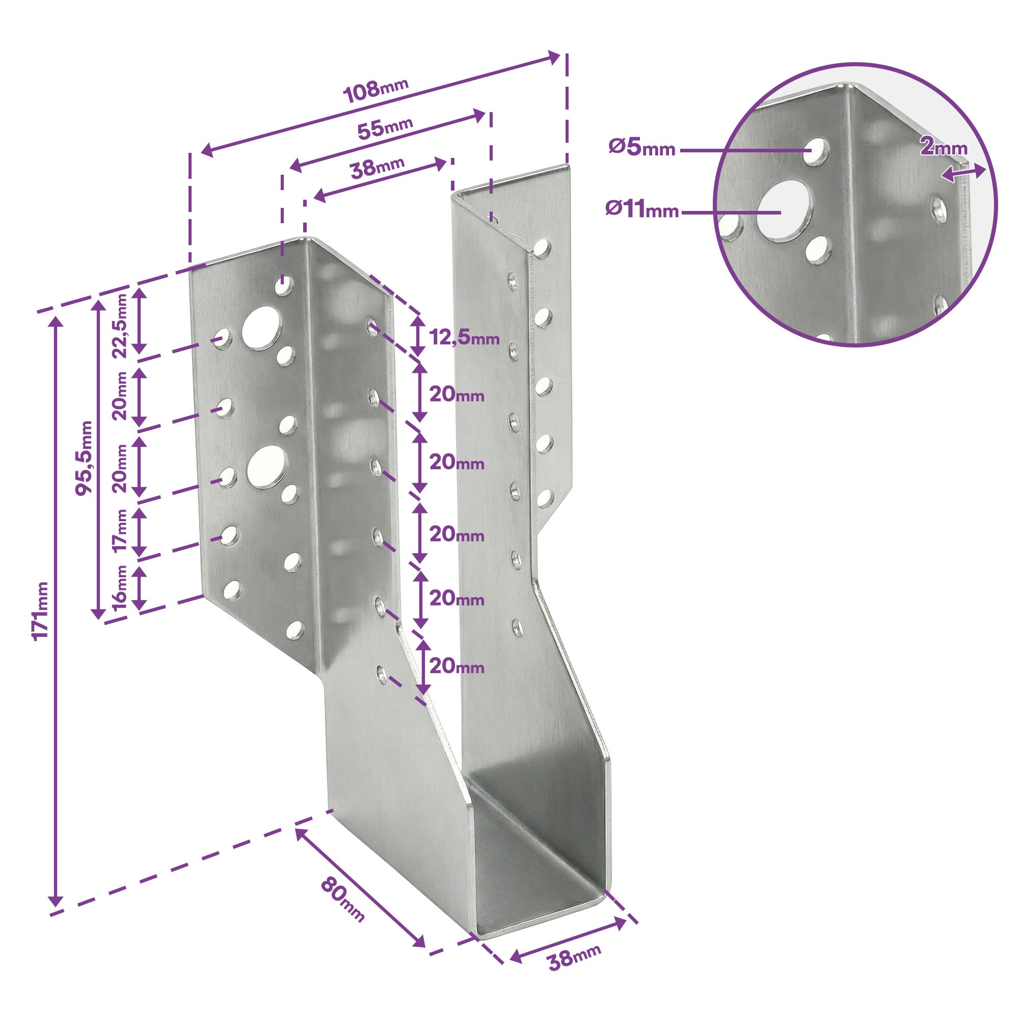 10 sabots de charpente à ailes extérieures - Connecteurs de poutres - Acier galvanisé - Larg 38 x Ht 171 mm - Fabriqué en Europe - 2