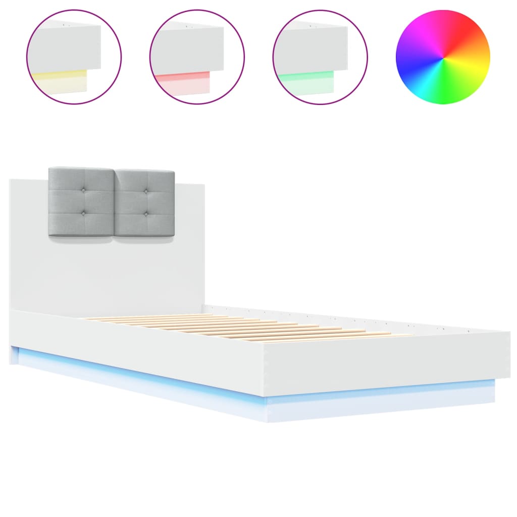 Łóżko Białe Rama Łóżka Ze Stelażem Do Sypialni Pokoju LED 90x200 cm