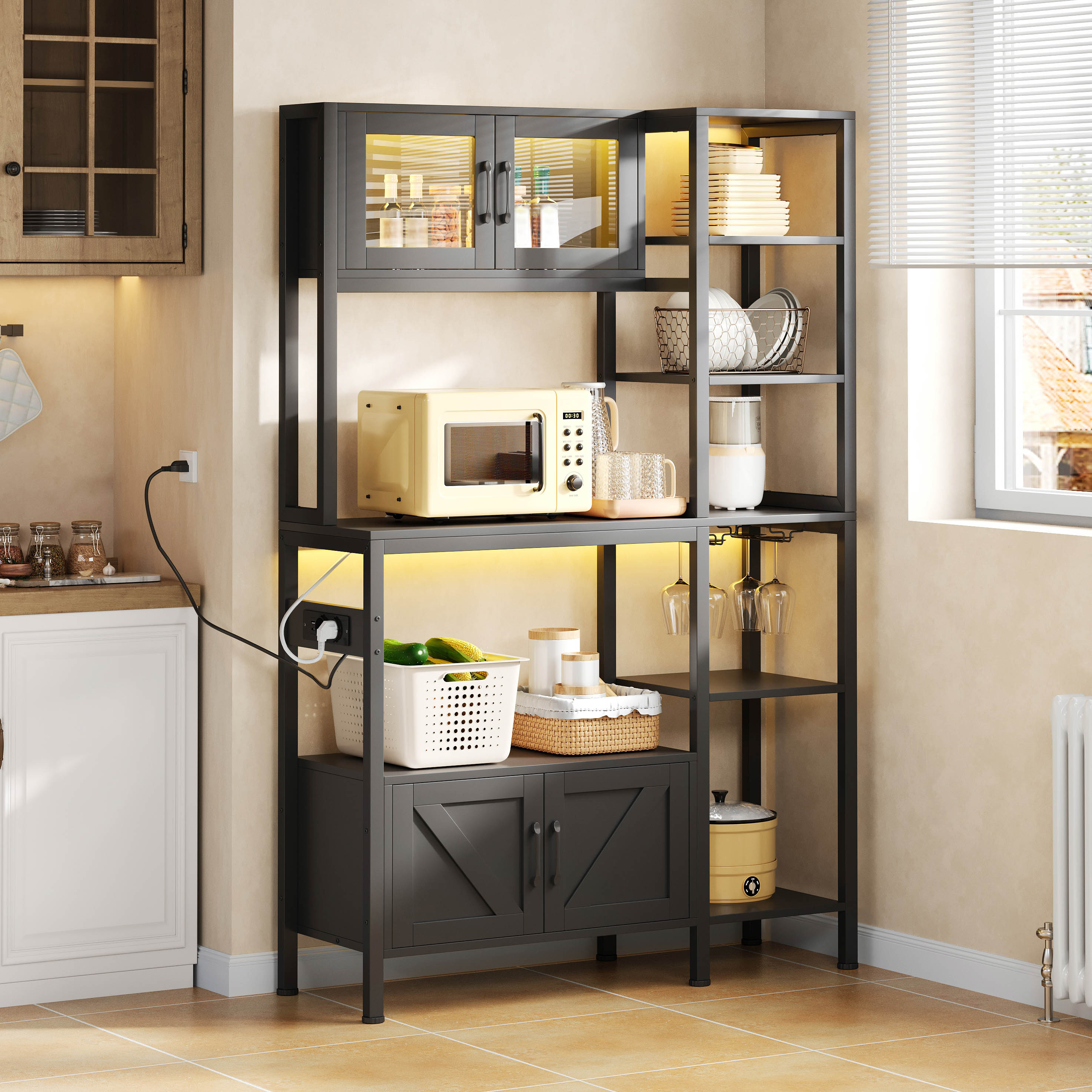 Półka kuchenna 5-poziomowa z 4 drzwiami, mocowana do mikrofalówki – 115 x 40 x 180 cm – gniazdko elektryczne – płyta MDF + stal – czarna