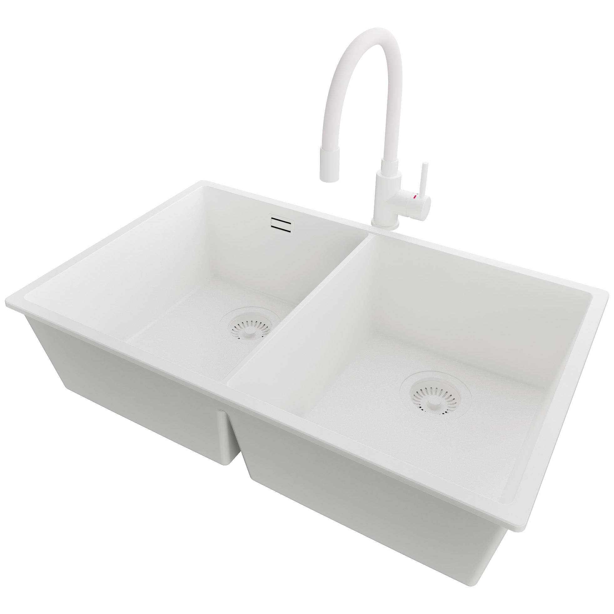 Zlewozmywak podblatowy Cały Biały 76x47cm, Zlew Kuchenny 2 Komorowy + Bateria 38x14cm + Syfon, do szafki od 80cm - Londyn Twin PRIMAGRAN