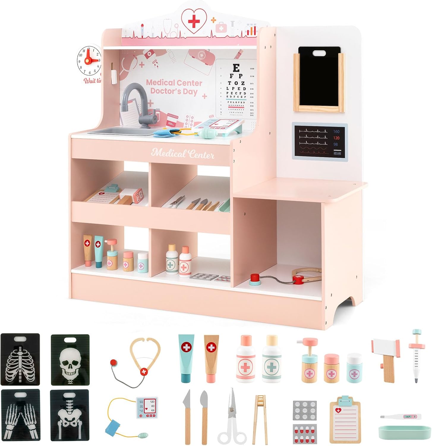 Zestaw Lekarski z Drewna dla Dzieci Powyżej 3 Lat, Medyczna do Zabawy w Lekarza ze Stetoskopem, Monitorem EKG i Filmem Rentgenowskim (Różowy)