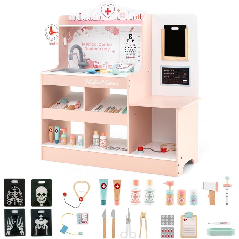 Zestaw Lekarski z Drewna dla Dzieci Powyżej 3 Lat, Medyczna do Zabawy w Lekarza ze Stetoskopem, Monitorem EKG i Filmem Rentgenowskim (Różowy)