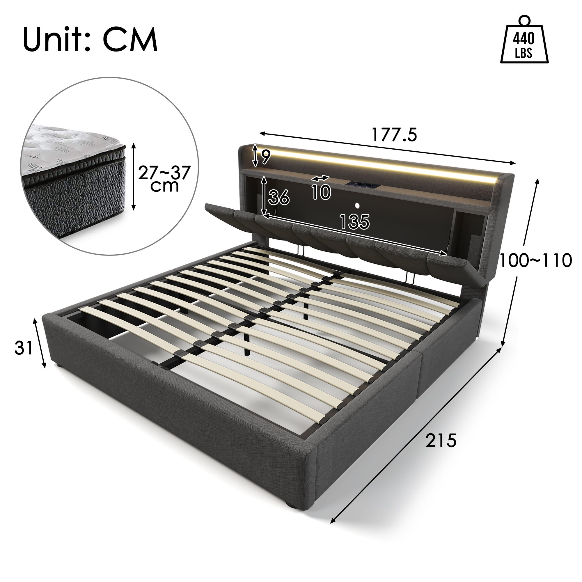 Lit double rembourré avec fonction de charge USB, tête de lit de rangement et éclairage LED, lit double 160x200cm lits de rangement cadre de lit, so - 6