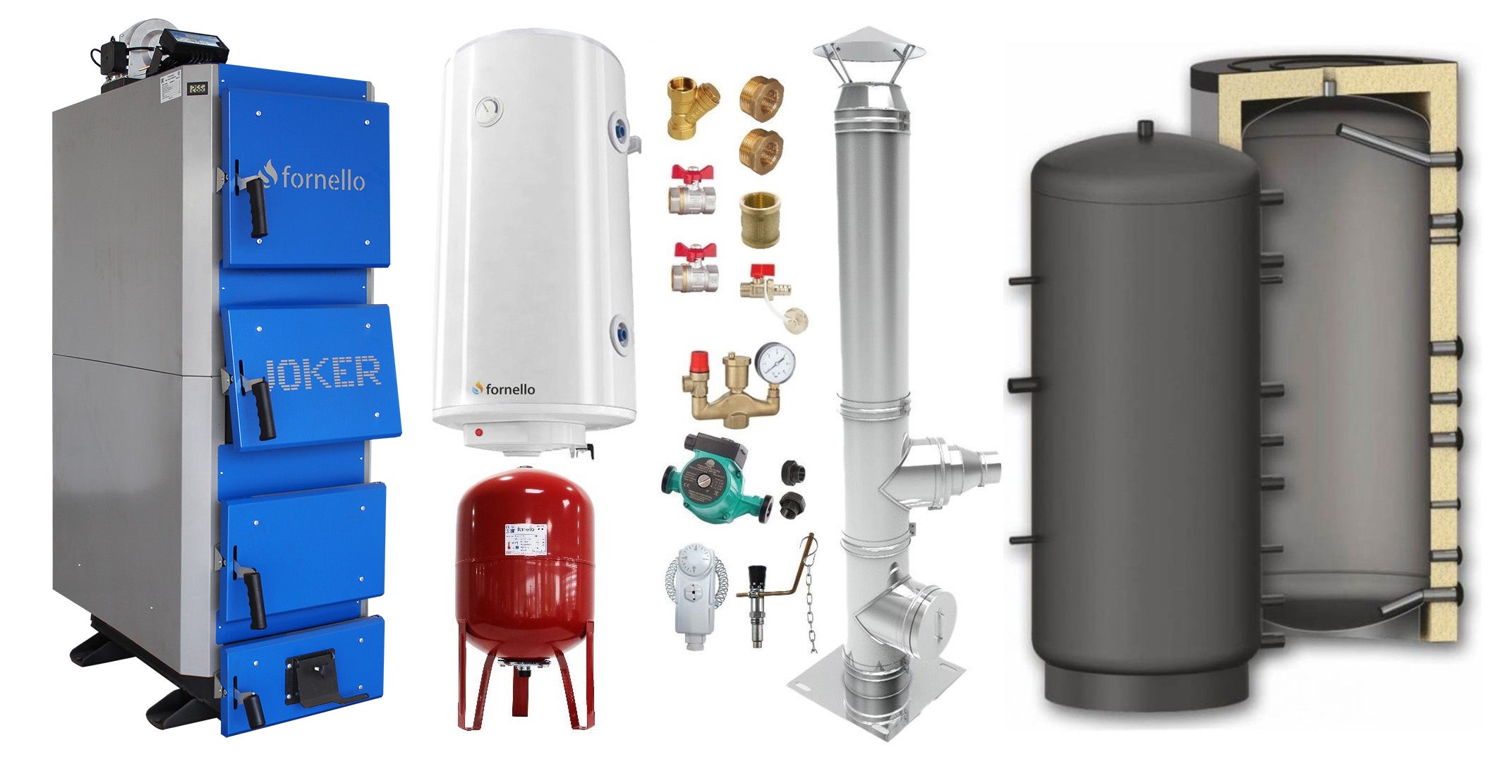 Pachet Cazan (centrala) pe combustibil solid, (lemn, carbune), Fornello Joker 55 kW, Puffer 1000 litri, Cos Inox, Boiler, Vas Expansiune, Pompa, Fitin