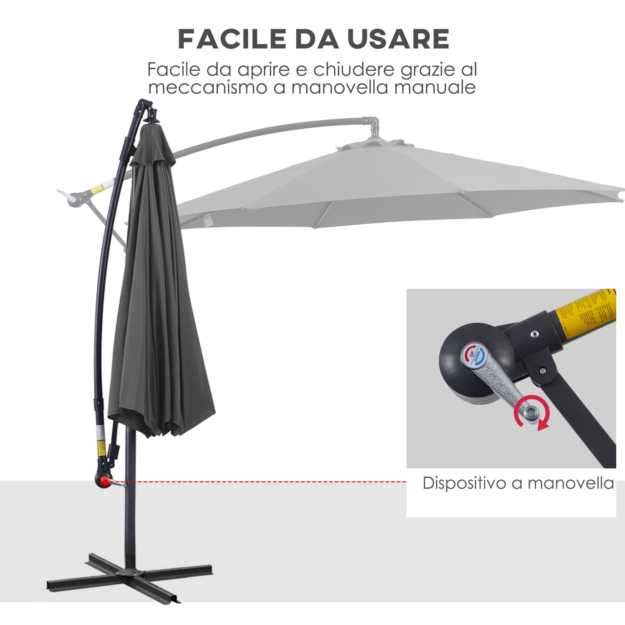 Parasol extérieur 3x2,5 m décalé avec manivelle, structure anti-UV en acier et polyester, gris - 6