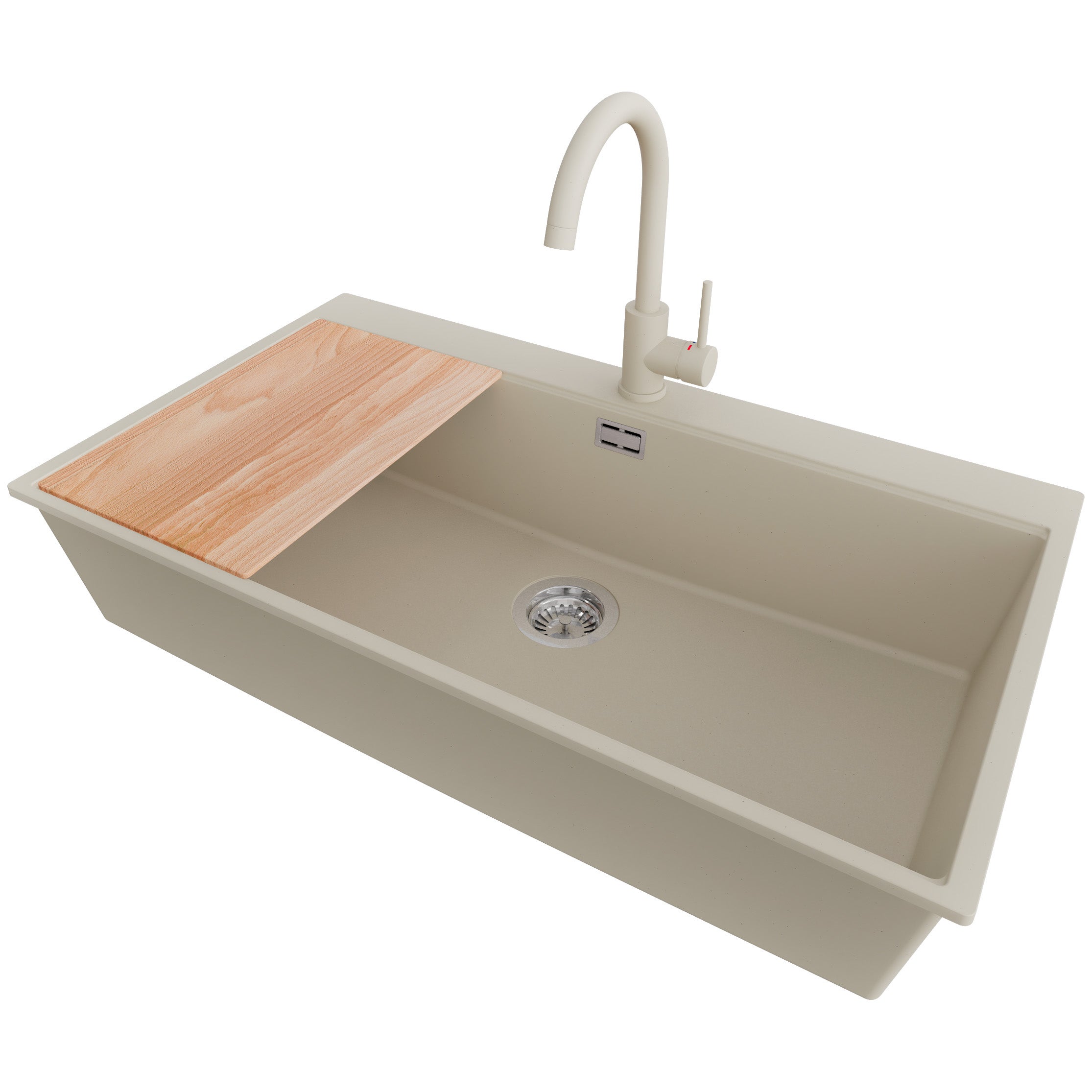 Zlewozmywak Granitowy Beżowy 88x50cm, Zlew Kuchenny 1 Komorowy + Bateria 32x20cm + Syfon + Deska, Nablatowy do szafki od 90cm - Oslo PRIMAGRAN