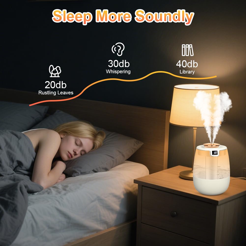 Humidificador para dormitorio - Humidificador de ambiente de 1.2 L con doble boquilla y luz nocturna, pantalla digital, 30 dB para oficina (blanco) - 6
