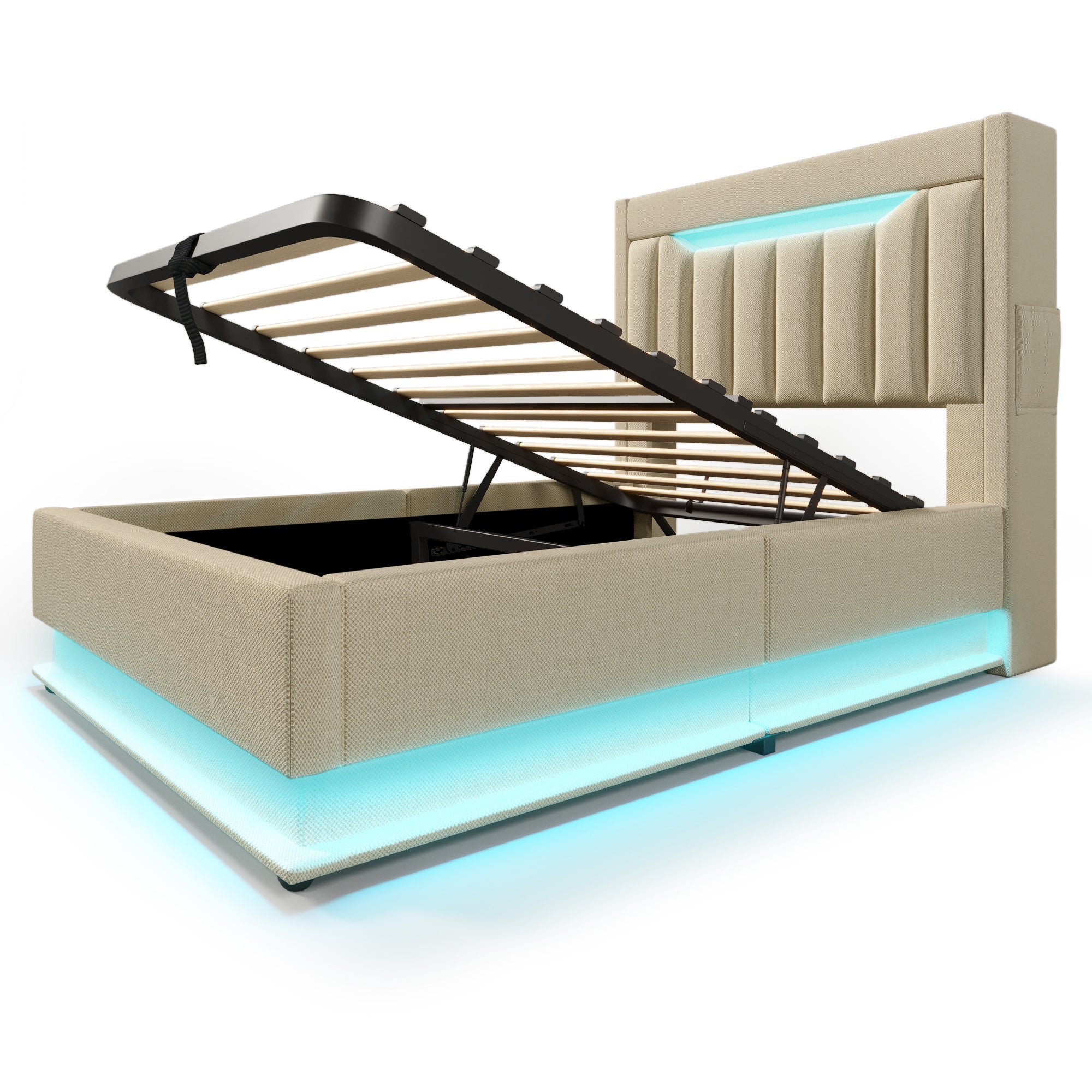 Cama canapé tapizada 90x200cm - con LED - con puertos USB y Tipo C - Tejido de lino - Cabecero con espacio de almacenaje - Beige - 7