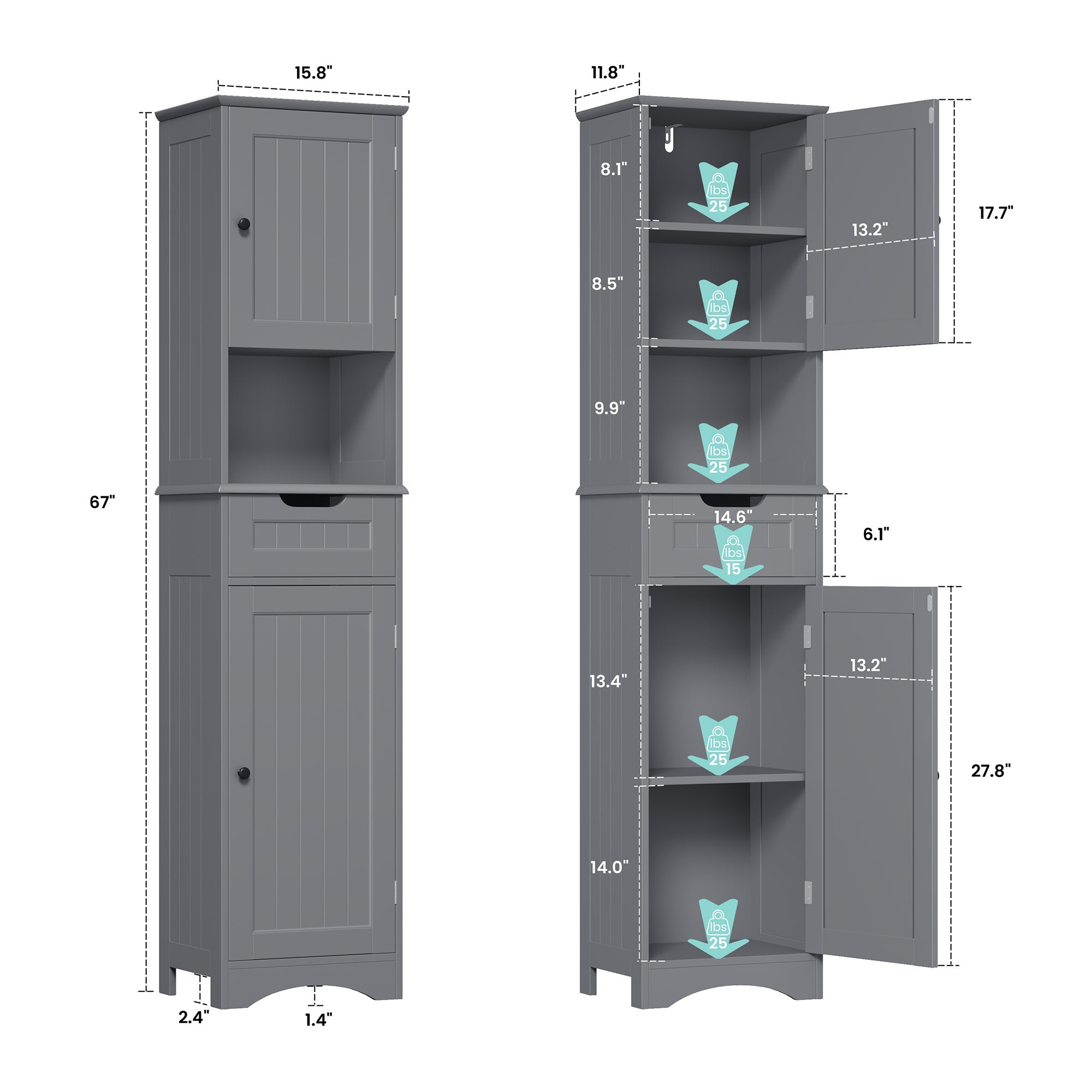 Bealife Mobile Colonna per Bagno con Ripiano con Piedistallo, Armadio Alto a 2 Ante, 1 Cassetto, 1 Ripiano Aperto e Ripiano Regolabile - 3