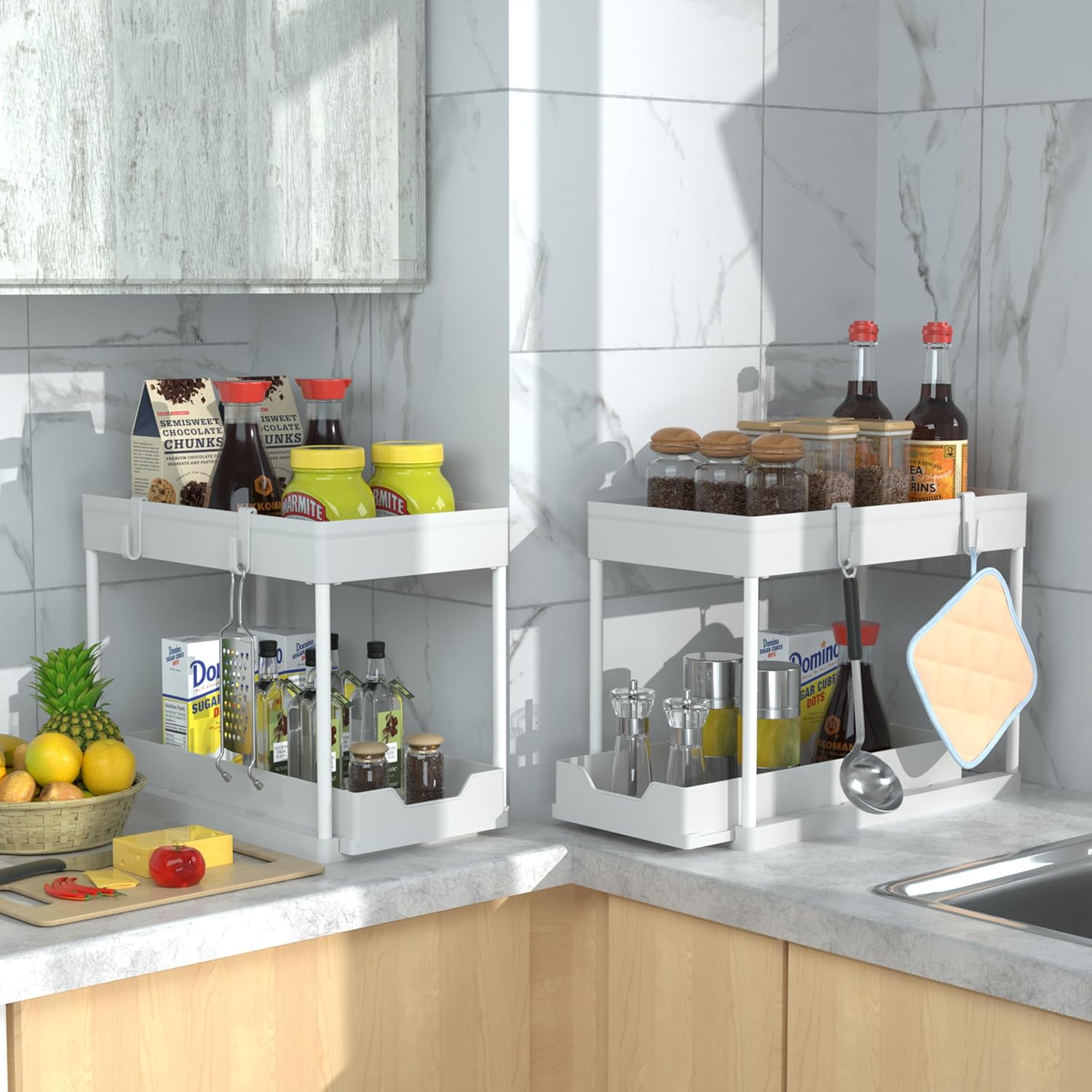 Lot de 2 organiseurs sous évier, organiseur à 2 niveaux sous évier de cuisine et salle de bain, organiseur sous armoire avec tiroir coulissant - 8