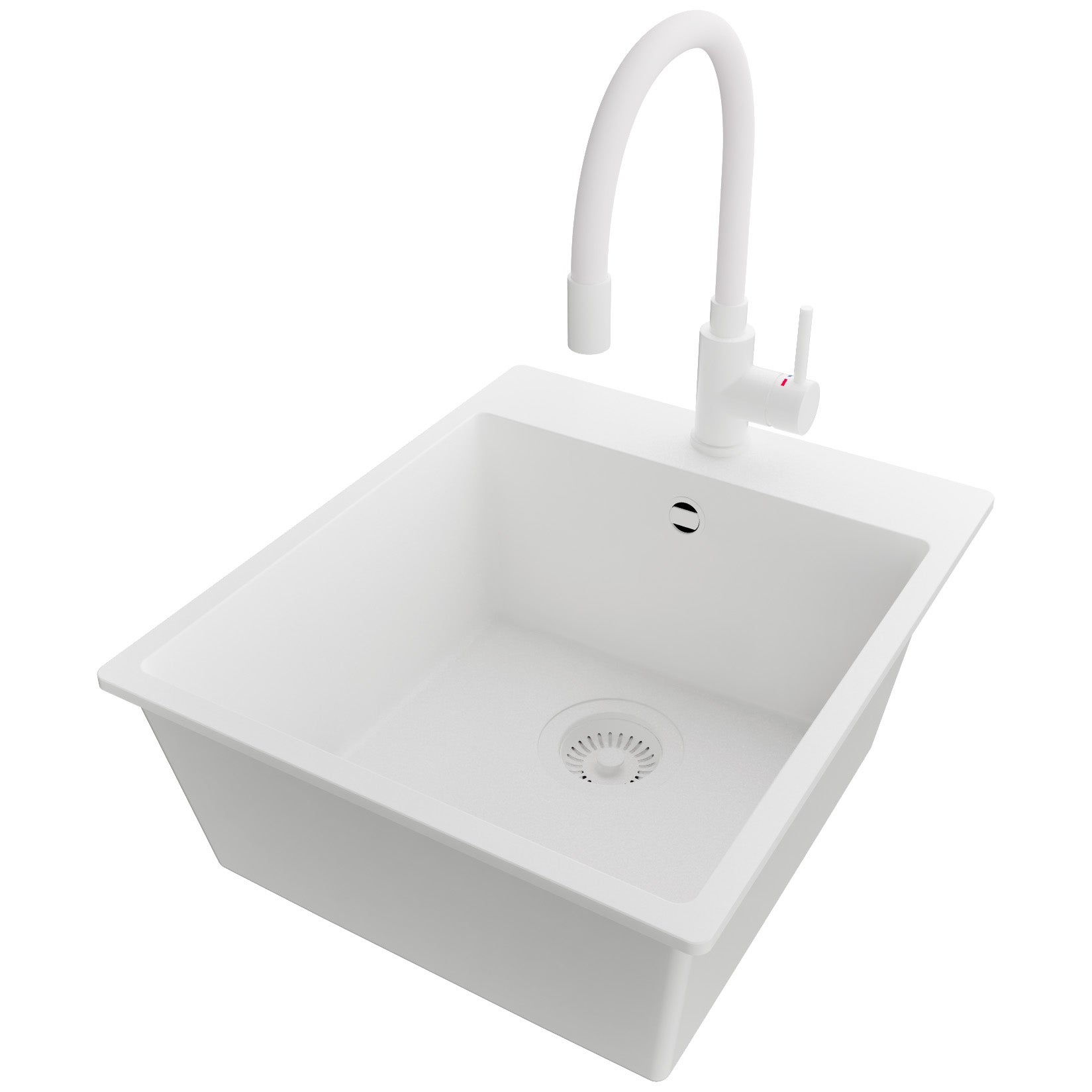 Zlewozmywak Granitowy Cały Biały 43x50cm, Zlew Kuchenny 1 Komorowy + Bateria 38x14cm + Syfon, Nablatowy do szafki od 45cm - Ryga PRIMAGRAN