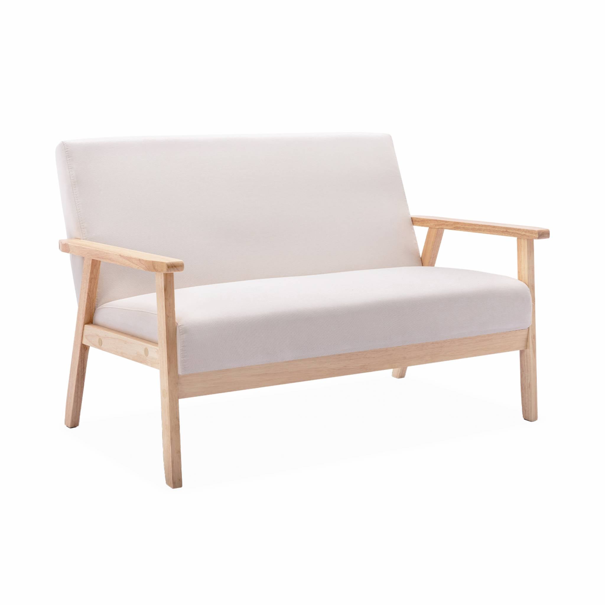 Sofá o banco con tela y patas de madera, 2 plazas, isak, beige, 114x69.5x73 cm