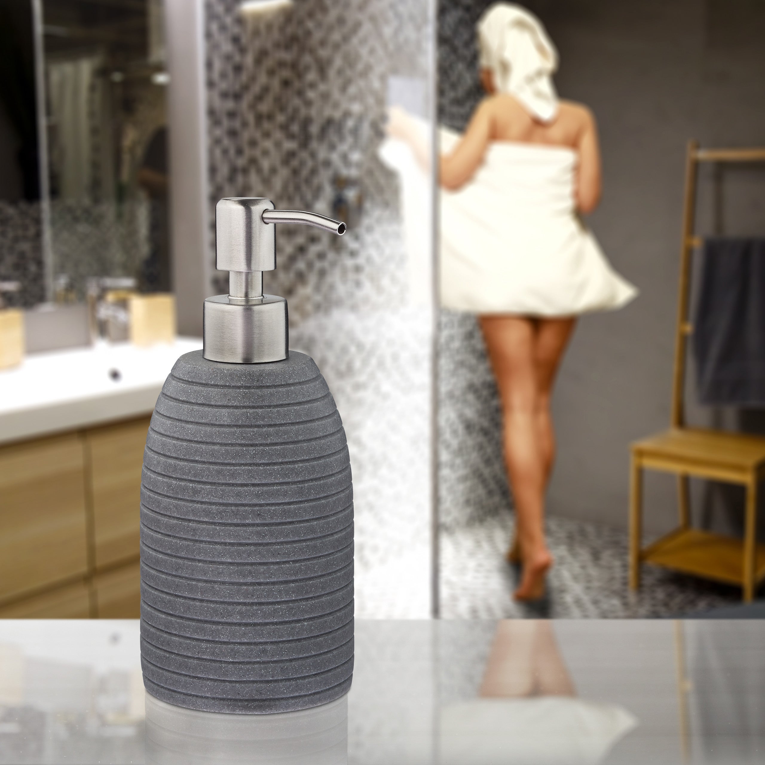Porte-savon liquide, rechargeable, salle de bain, cuisine, distributeur shampoing, pompe en inox, gris, Relaxdays - 2
