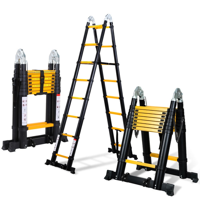 Drabina teleskopowa aluminiowa 2,5m+2,5m czarno-żółta bez haków ze stabilizatorem z kółkami max. obciążenie 150 kg