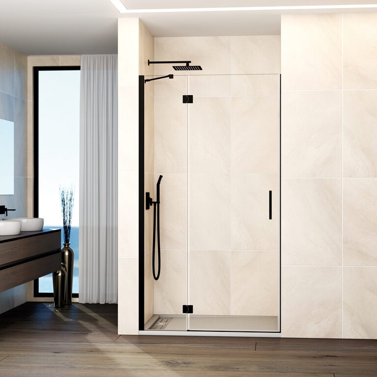 Paravan frontal GLASS panou fix + ușă batantă închidere magnetică 130 cm (127-130; 60+70) negru