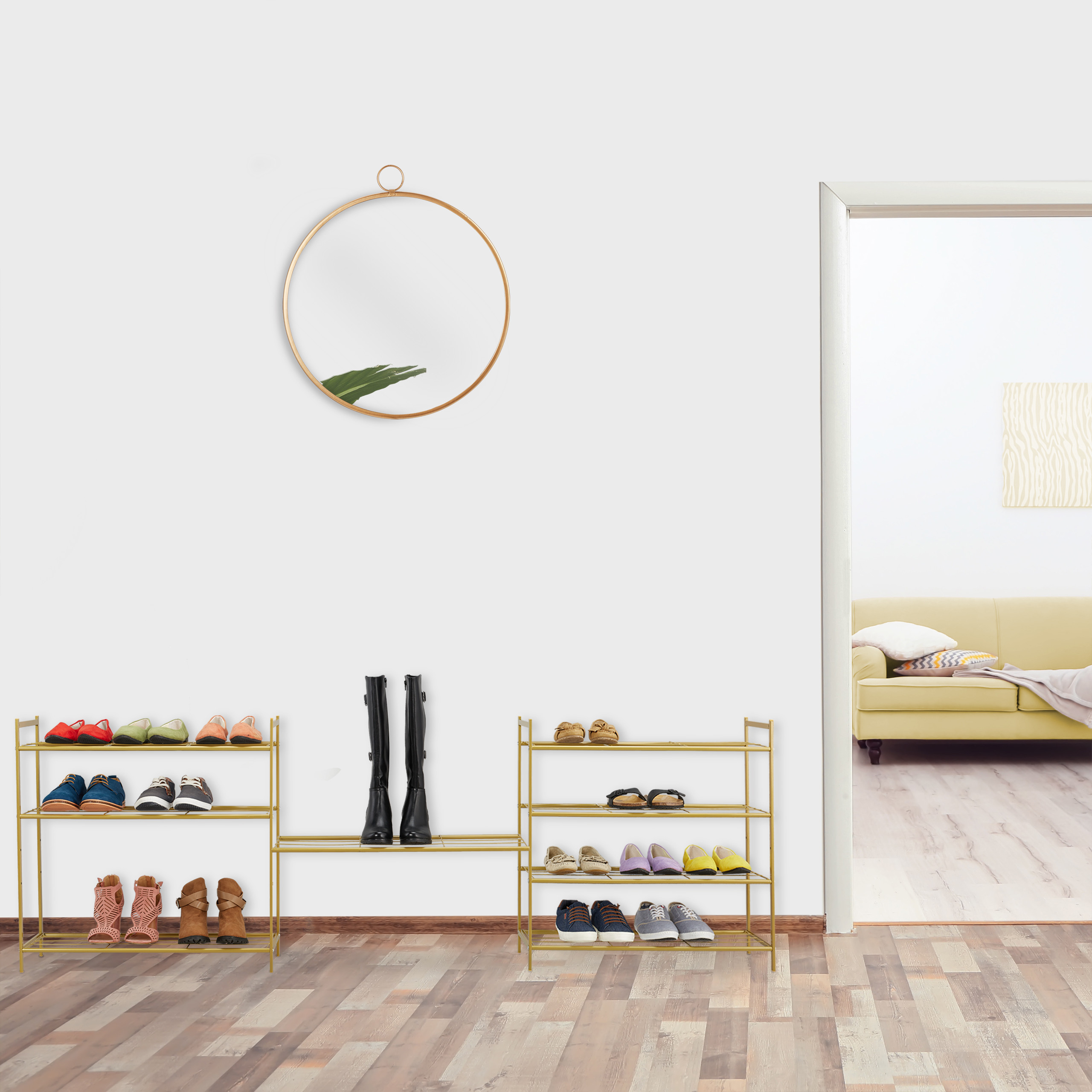 Relaxdays Scarpiera da ingresso, 4 Ripiani in Acciaio, 12 Scarpe, Scaffale Portascarpe Impilabile, 70x70x26 cm, Dorato