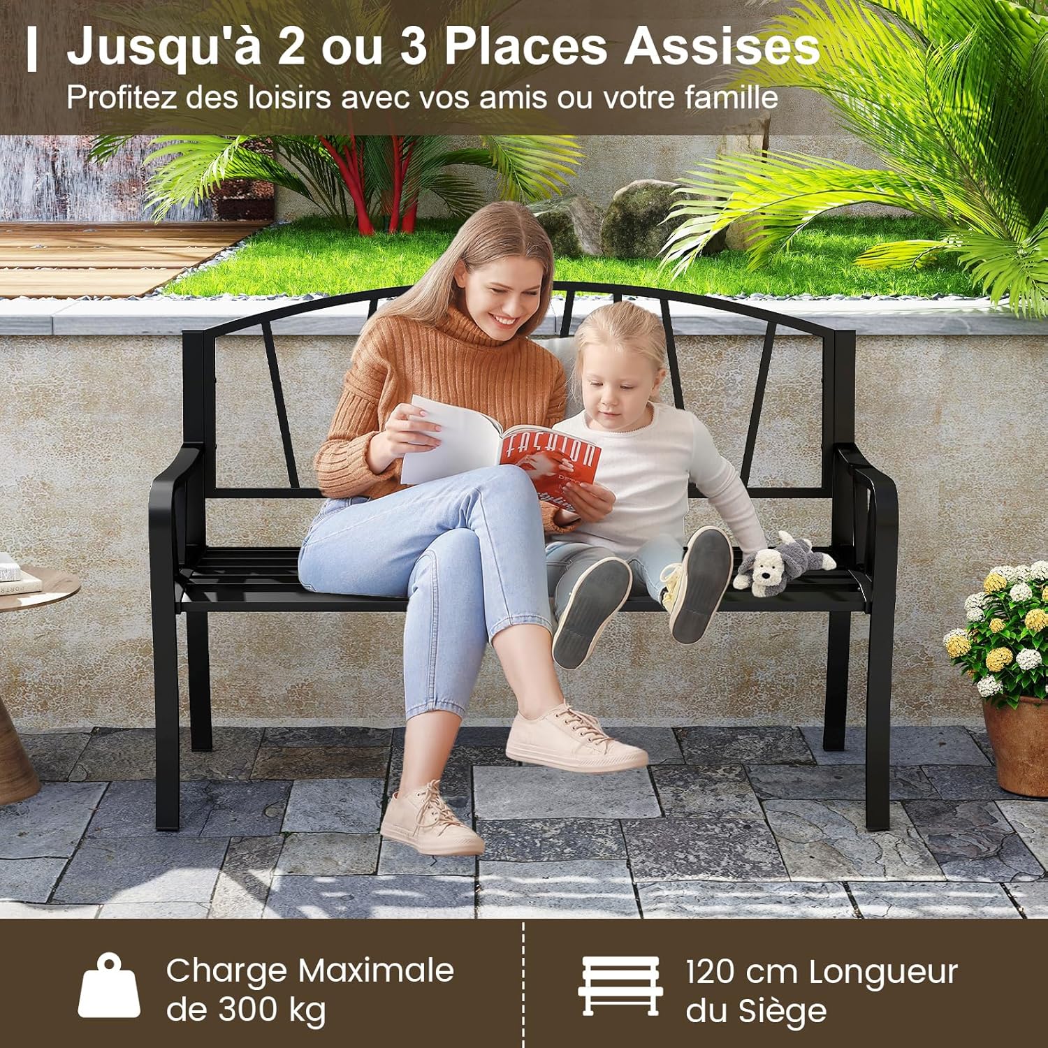 Banc de Jardin Extérieur 2-3 Places Charge 300KG avec Cadre en Métal Antirouille 129x53x93cm Noir - 4