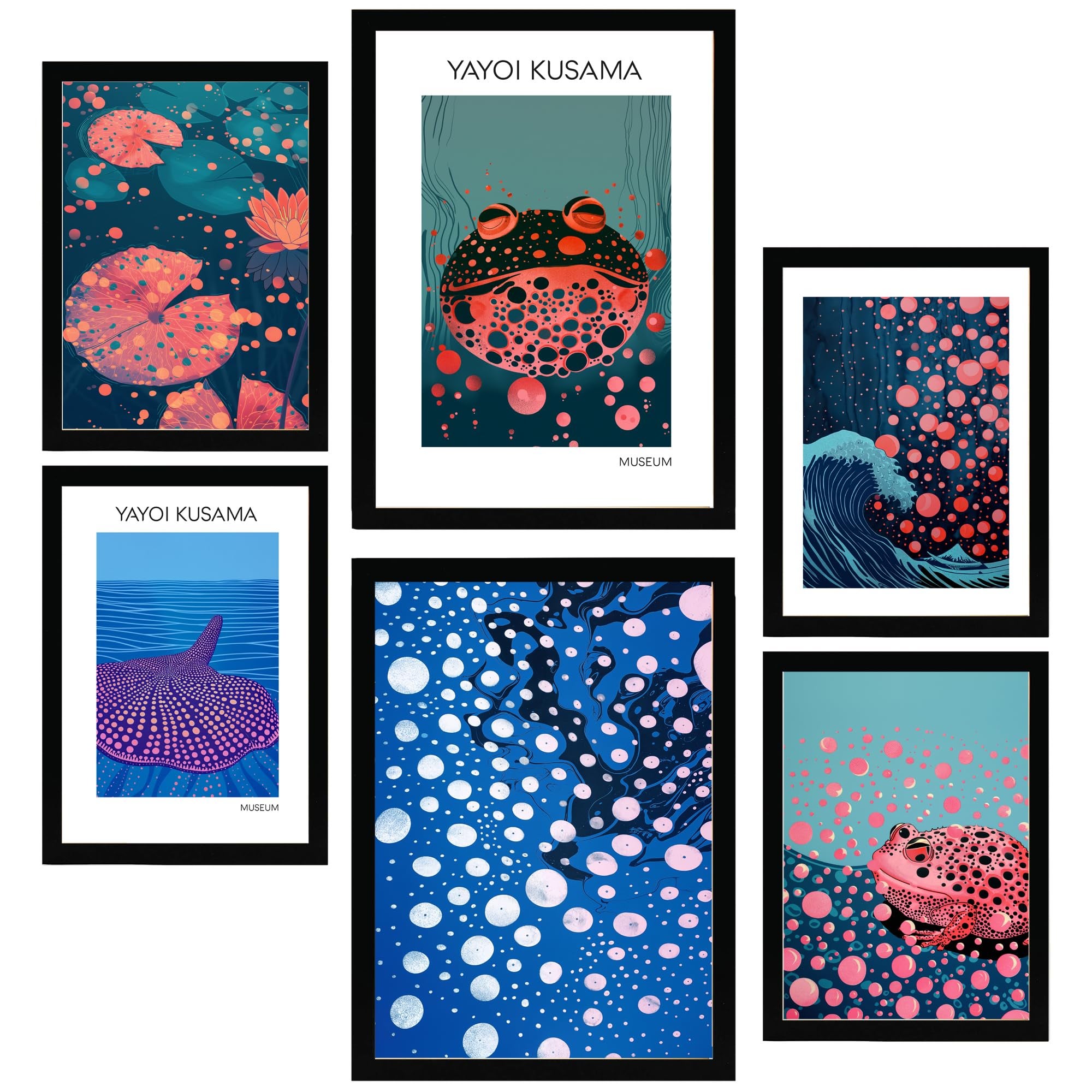 Set de 6 yayoi kusama fish water nature blue japanise cuadros con ilustración de diseño para decorar. tienda. a3 y a4. marco negro