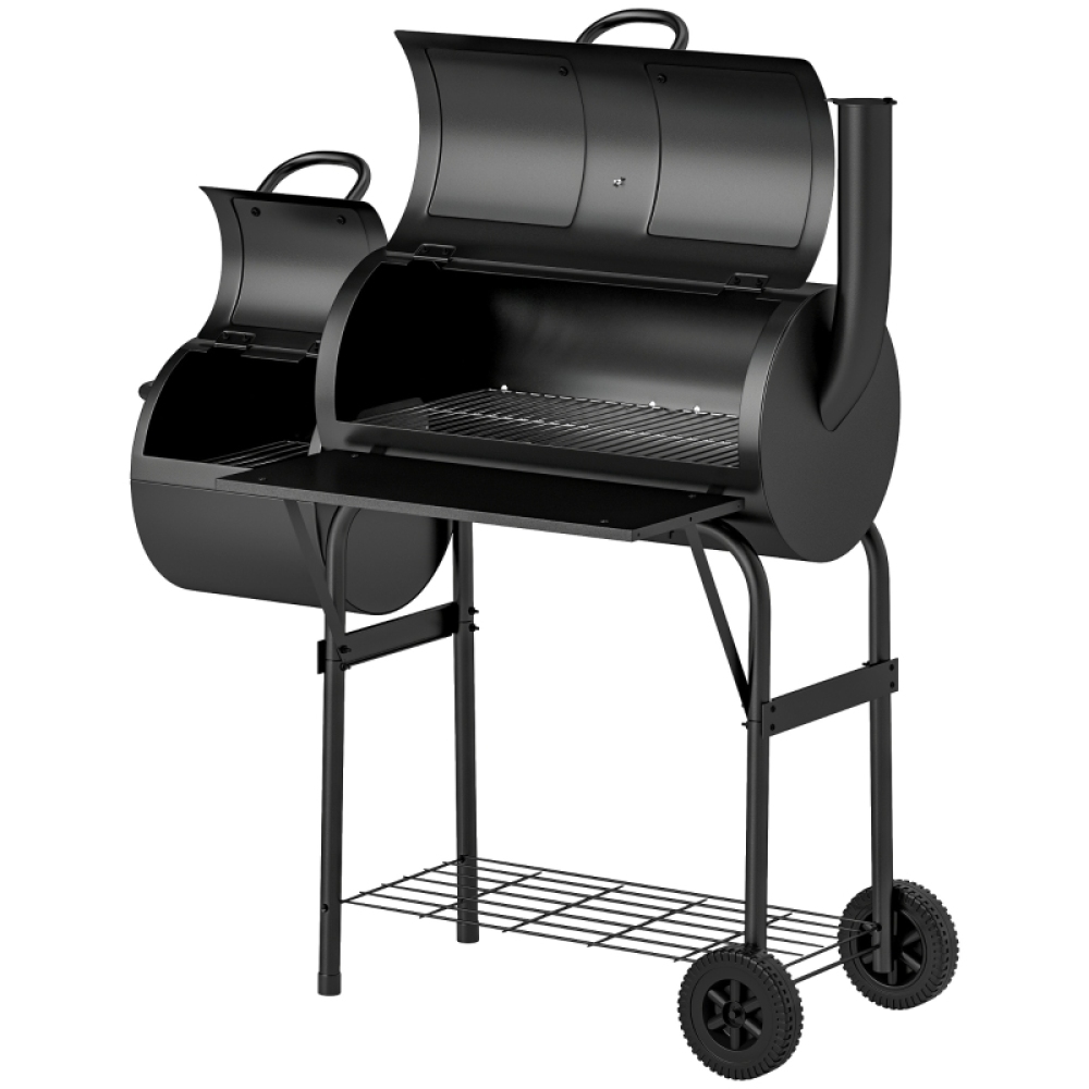 Grill węglowy ze stali 2 w 1 BBQ z wędzarnią, termometrem, kółkami i półką do ogrodu 109x60x120 cm
