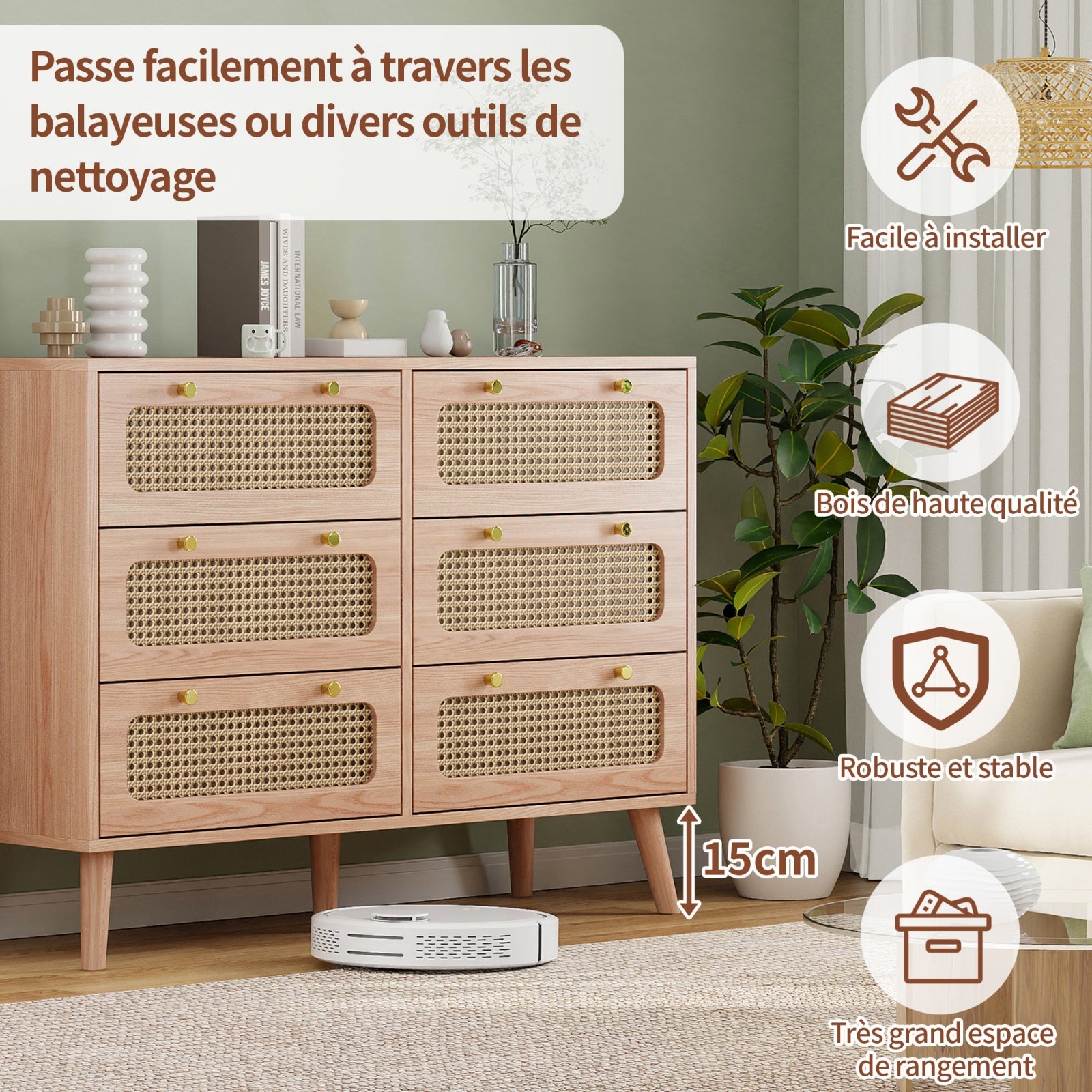 Commode en rotin à 6 tiroirs, style scandinave, avec poignées dorées et pieds en bois, 100 x 34 x 73 cm, Couleur naturelle - 5