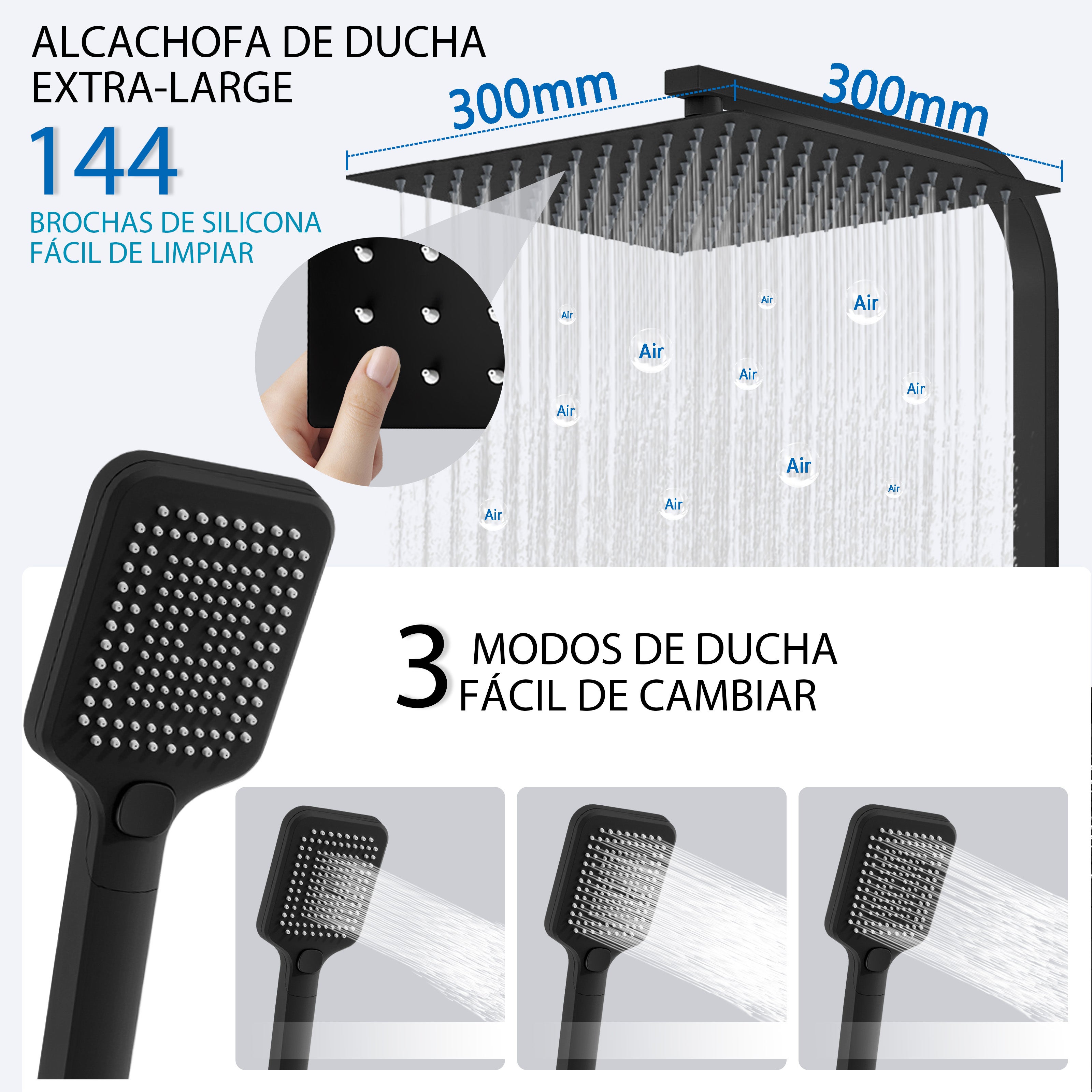 Aica Columna Ducha Termostática 38℃ Negro Mate Barra Ajustable, Alcachofa de Ducha 30x30cm (12