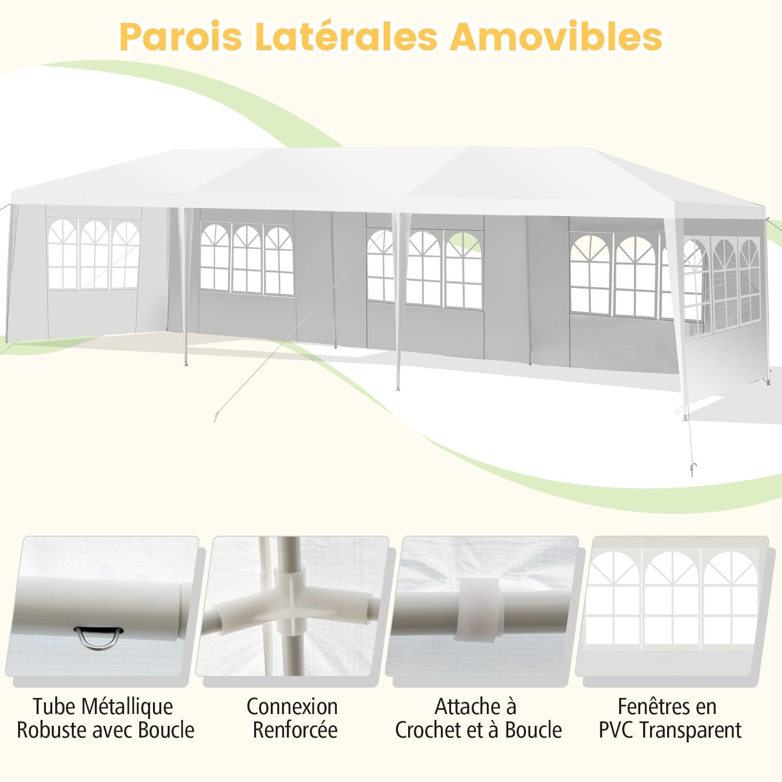 Tonnelle de Jardin 3x9m Acier, Tente de Réception avec 5 Murs Amovibles, Fenêtre sur Côté, Piquets de Terre Solides pour Fêtes, Mariage, BBQ, Blanc - 3