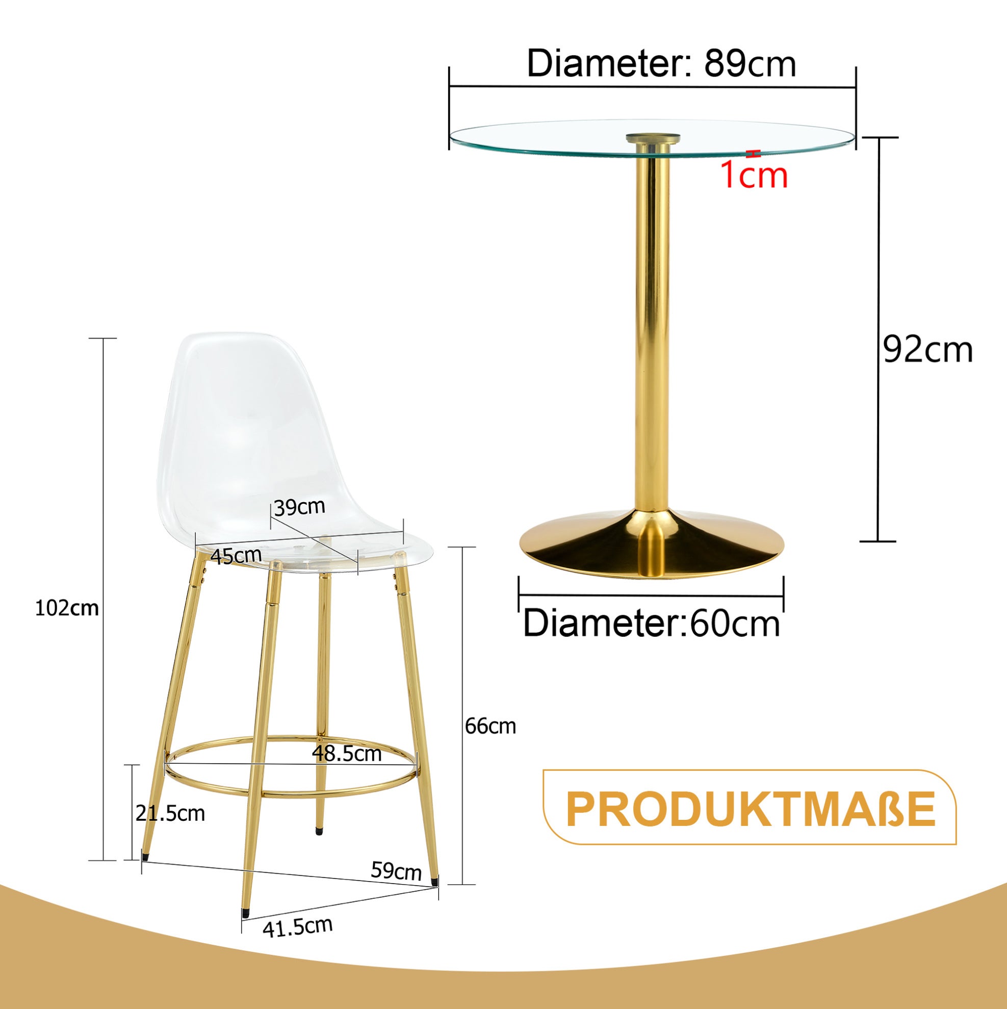Ensemble table de bar et 4 tabourets transparents, plateau rond en ...