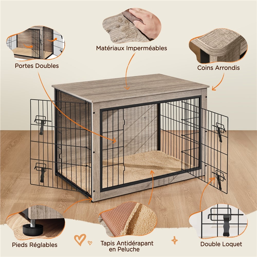 Cage pour Chien en Bois avec 2 Portes Grillagées à Double Serrure et Tapis Pelucheux, Gris Yaheetech - 5
