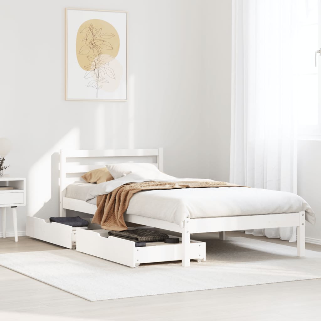 Cadre De Lit Enfant Avec Tiroirs Blanc 90x190 Cm - Bois De Pin Massif Naturel, Super Rangement !