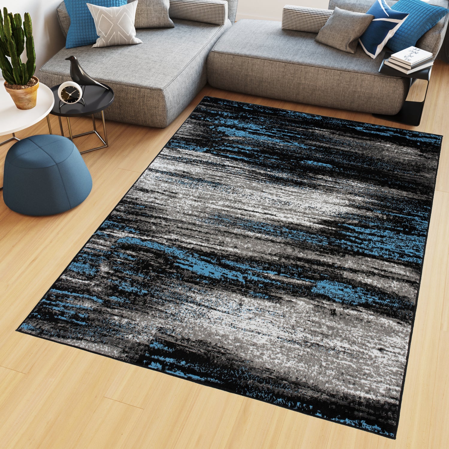 Tapiso maya alfombra de salón sala comedor diseño moderno azul gris negro moteado delgada pelo corto 80 x 150 cm
