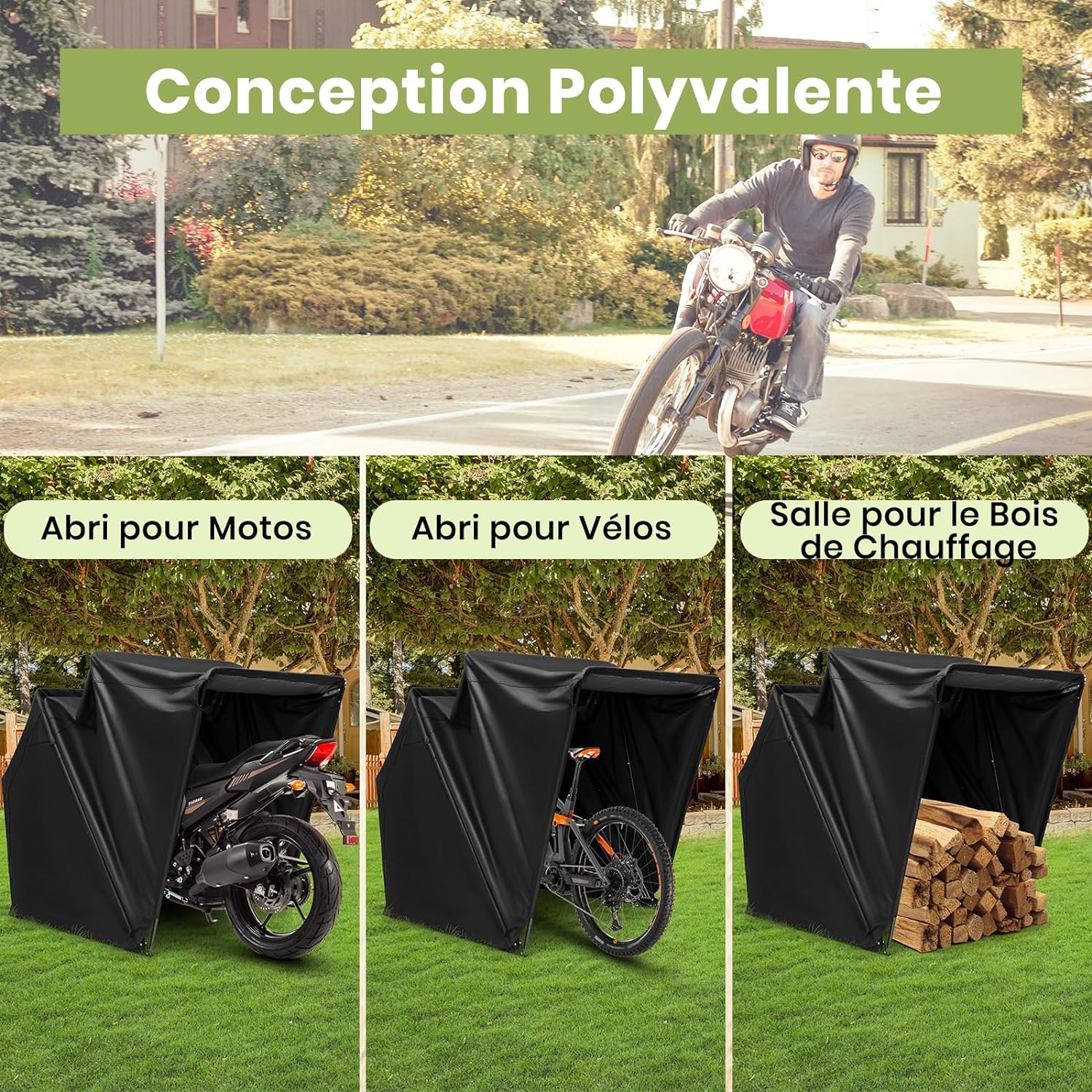 Riparo moto da esterno 342 x 137 x 193 cm, copertina moto impermeabile in tessuto Oxford, finestra di ventilazione, viti di espansione, riparo auto - 5