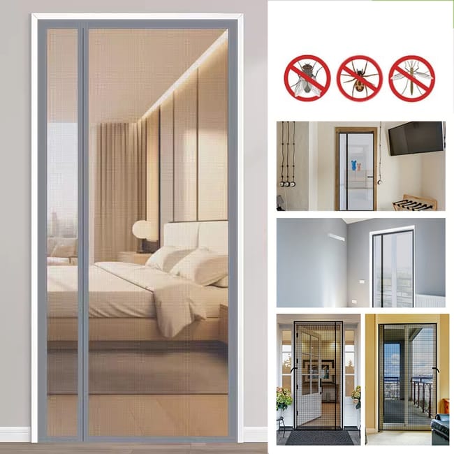 Drzwi ekranowe magnetyczne - otwierane z boku - zamykane na magnes, drzwi przeciw owadom, bez użycia rąk, zasłony drzwiowe, szare, 95 x 210 cm